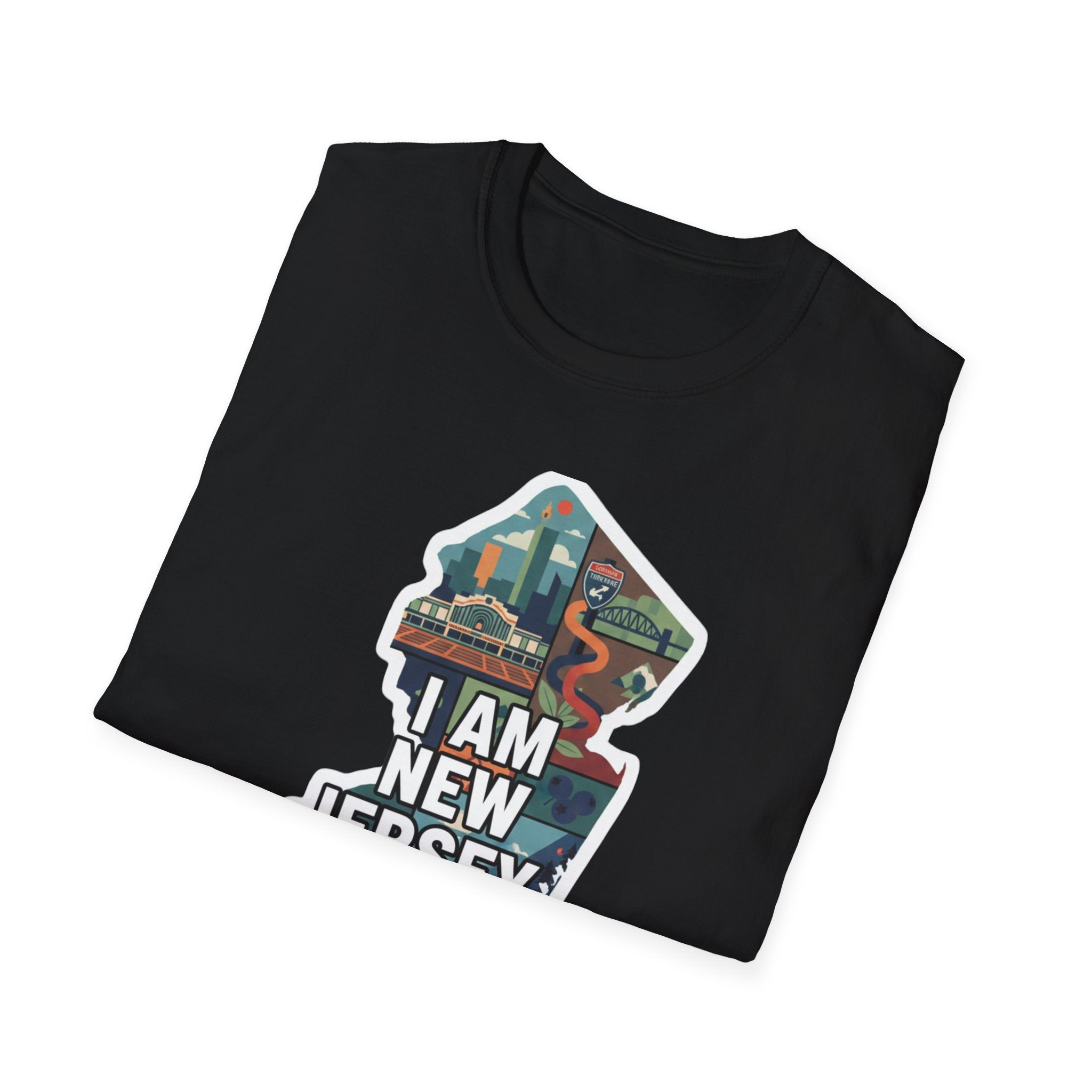 New Jersey map T-shirt, black crew-neck with layered New Jersey graphic print