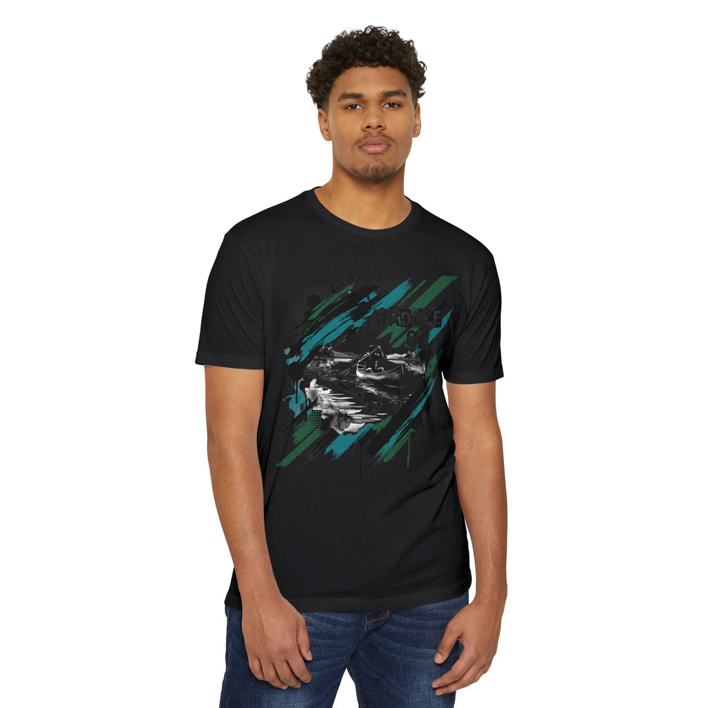 Unisex black T-shirt with paddle graphic on front, crew neck, short sleeves.