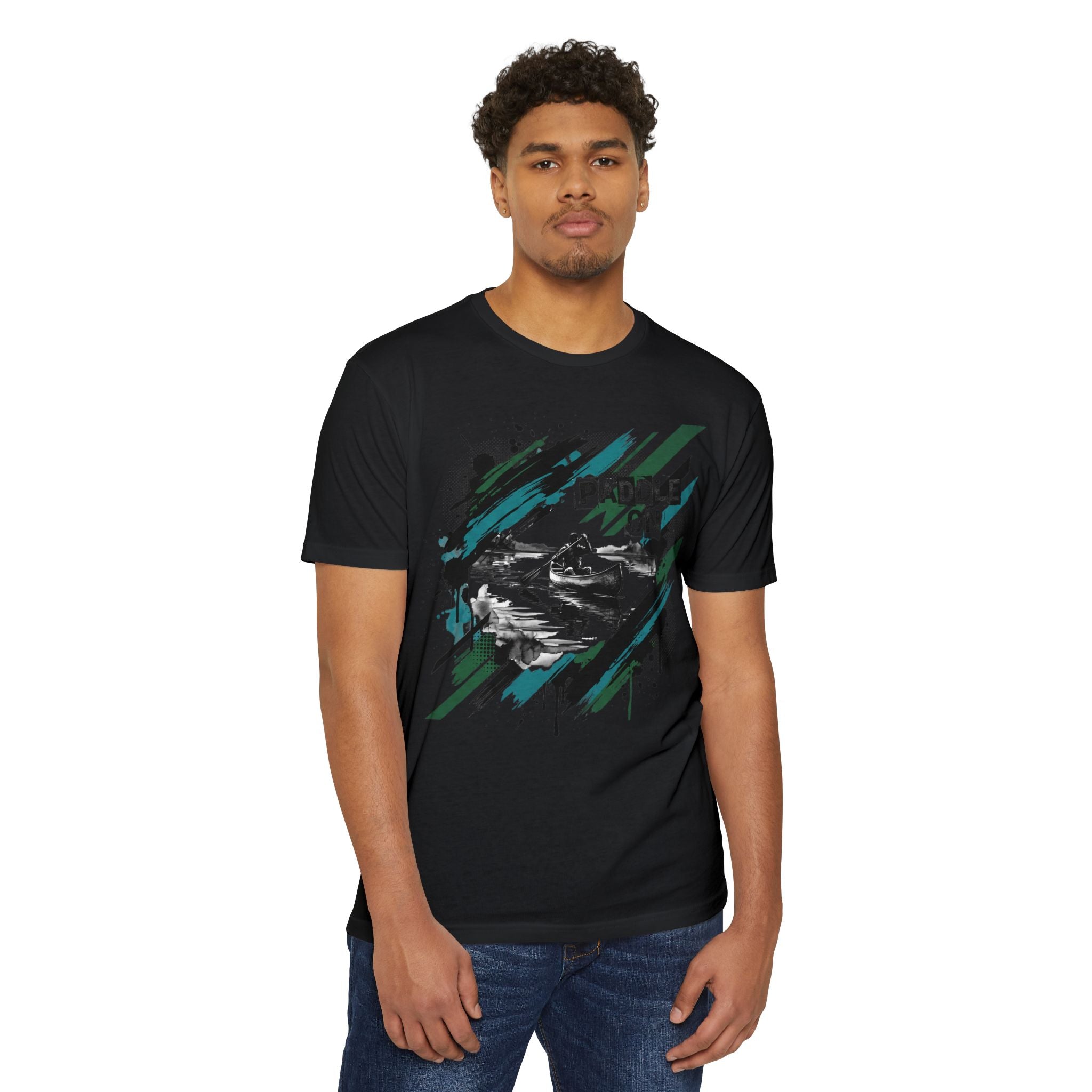 Unisex black T-shirt with paddle graphic on front, crew neck, short sleeves.