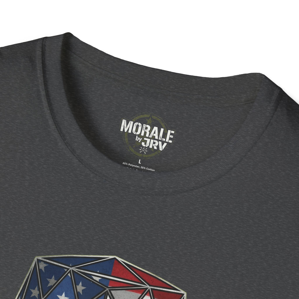 Dark heather T-shirt neckline logo with top of flag cube knight graphic