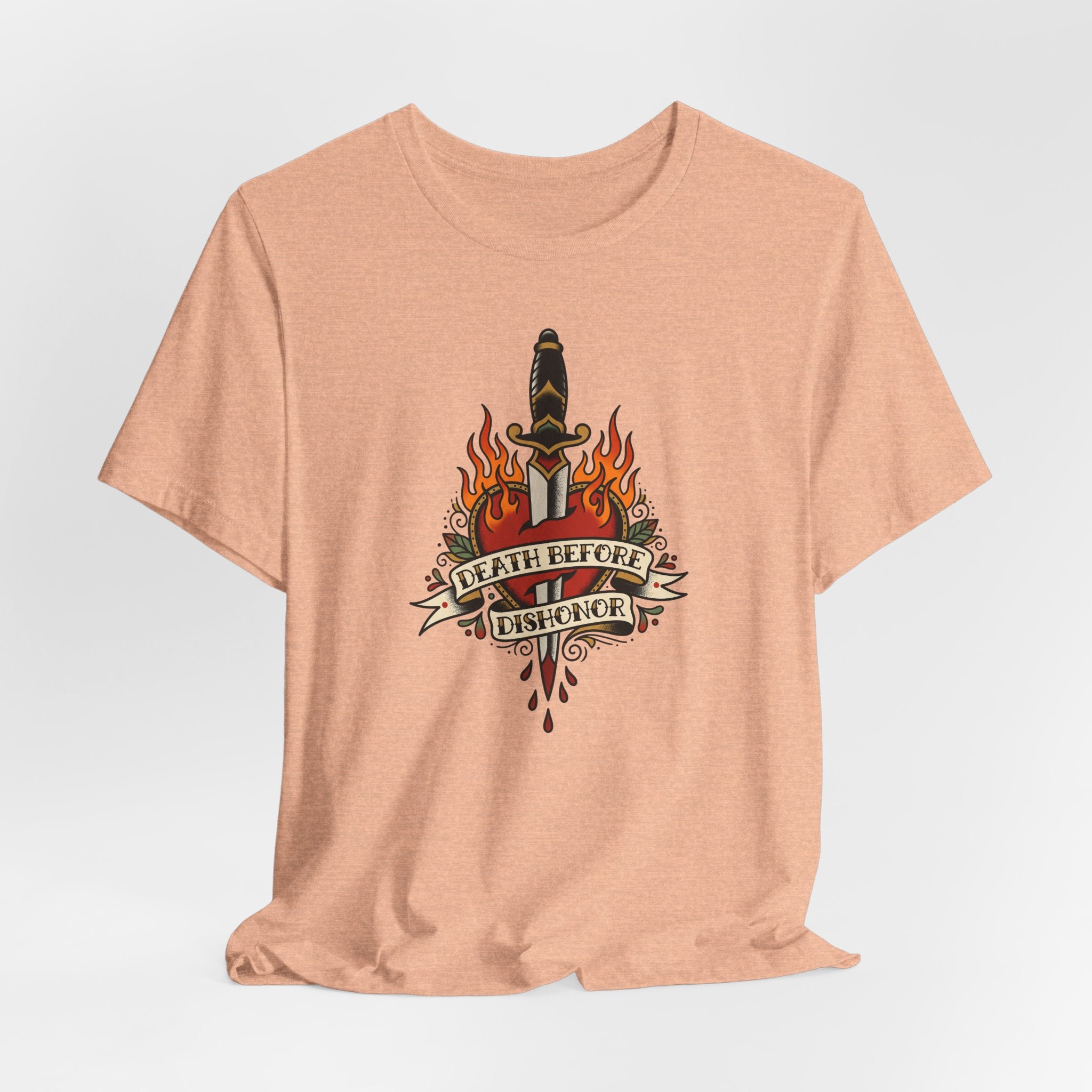 Peach graphic T-shirt front with dagger and flames badge