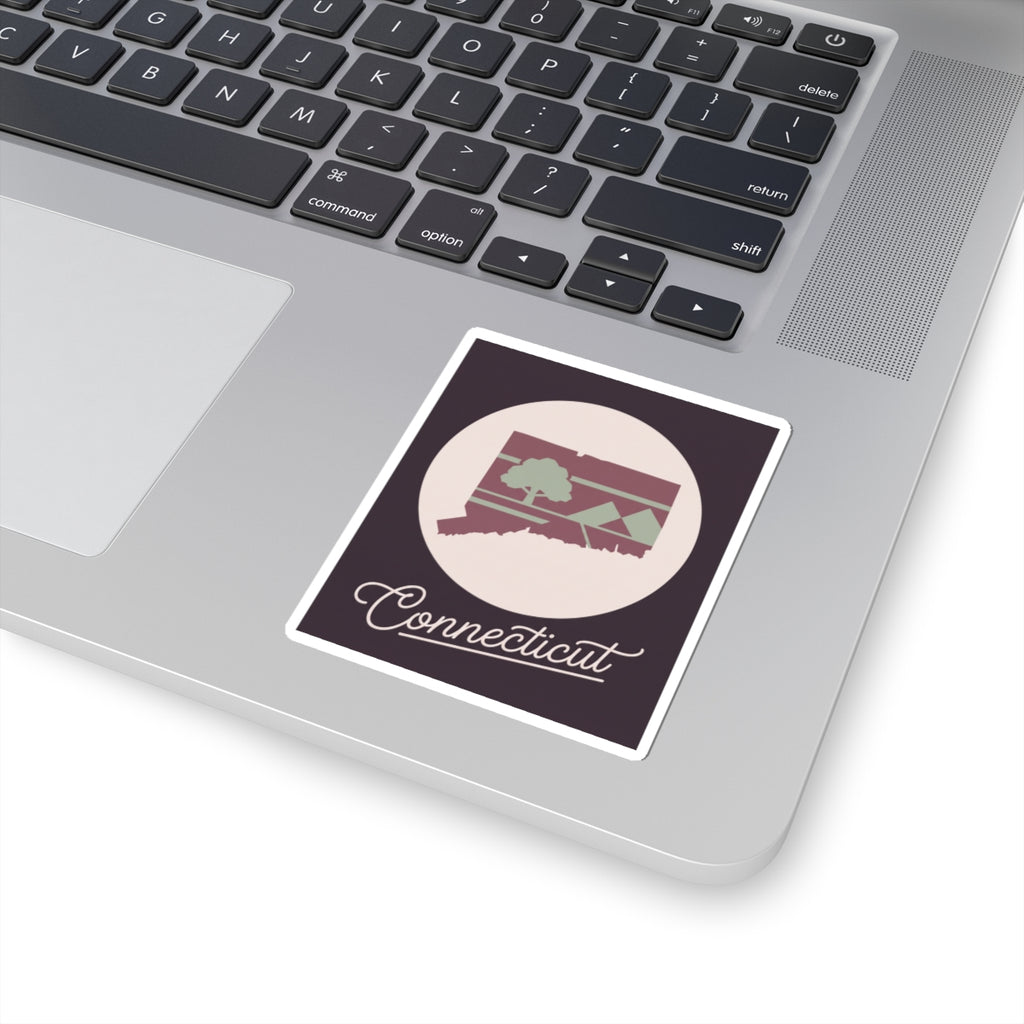 Maroon Connecticut silhouette sticker, circular emblem with cursive 'Connecticut' on white backing