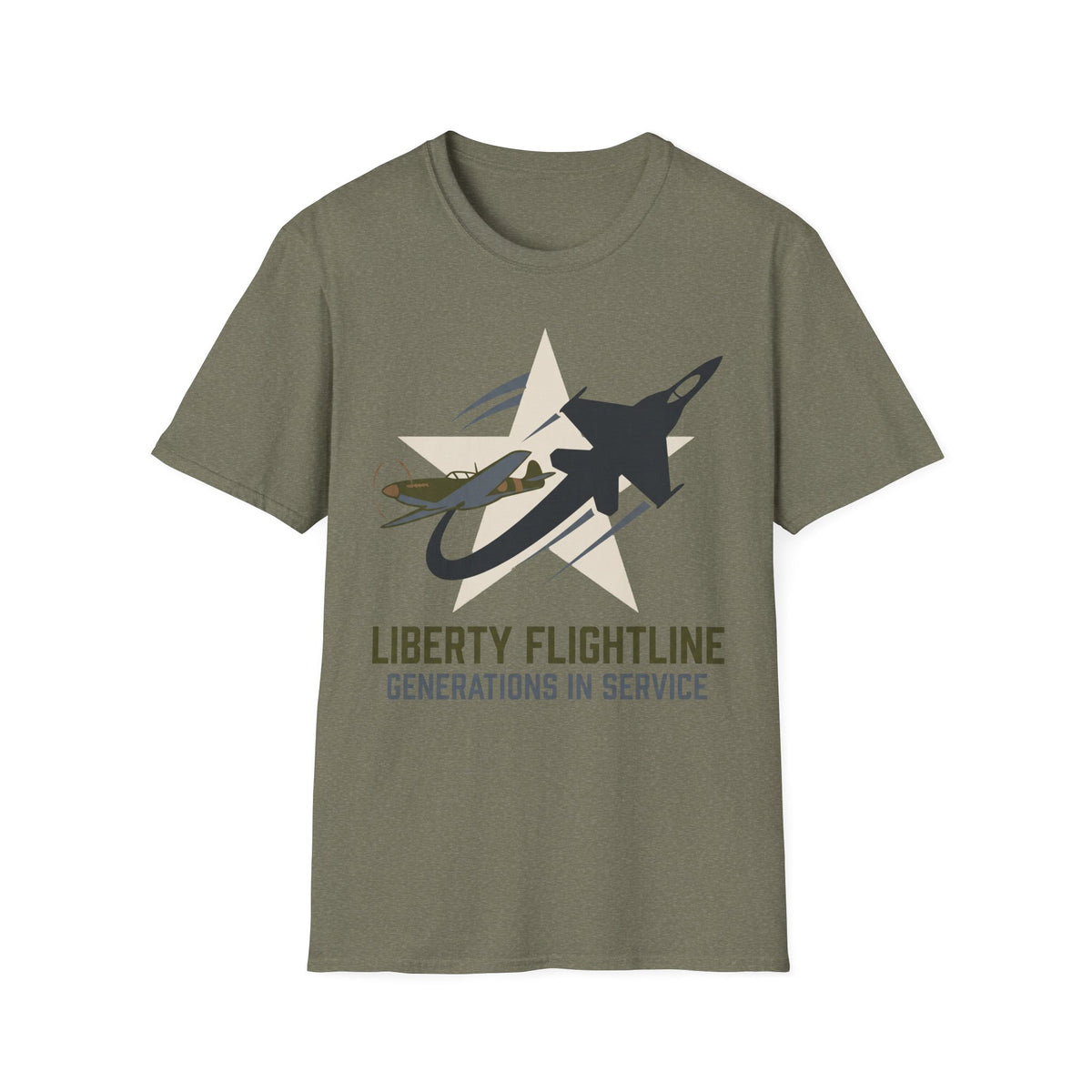 Olive green crewneck t-shirt with jet graphic and “Liberty Flightline Generations in Service” print