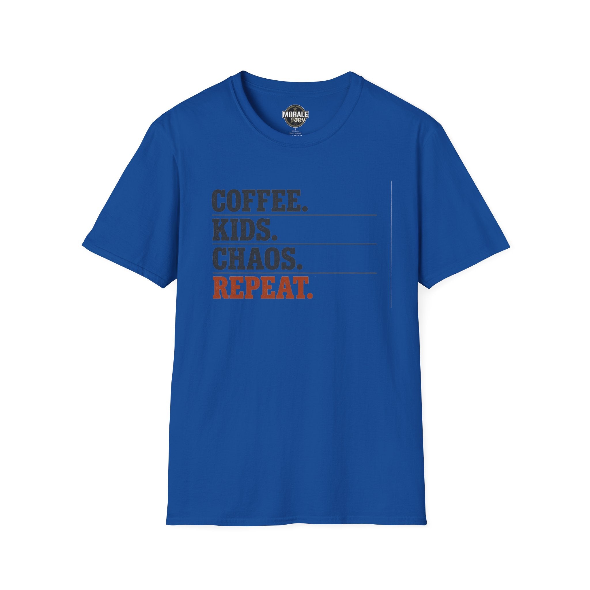 Coffee Kids Chaos Repeat T-Shirt (royal blue) featuring “COFFEE. KIDS. CHAOS. REPEAT.”