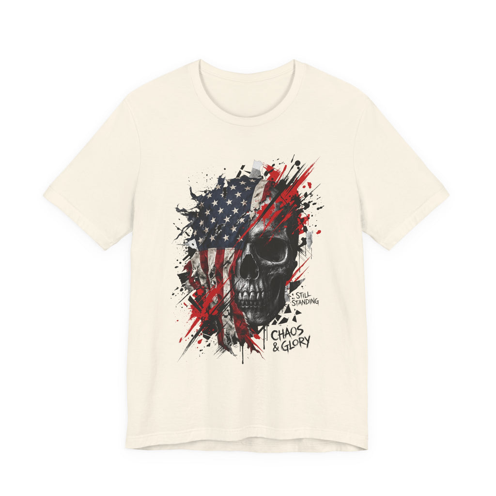 Cream skull graphic T-shirt with American flag panel, red splatter, Chaos & Glory print
