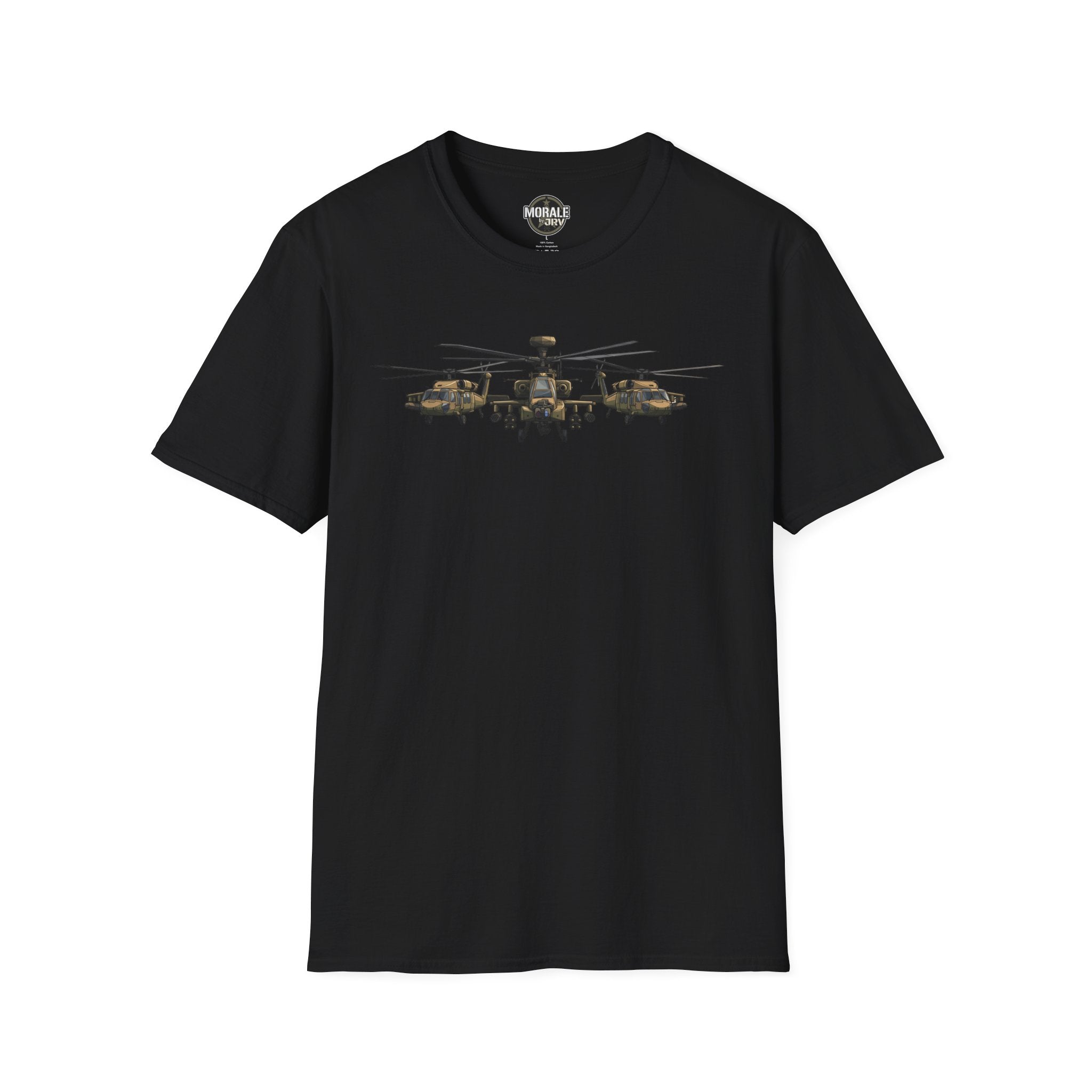 Black T-shirt with Apache helicopter formation graphic on the chest