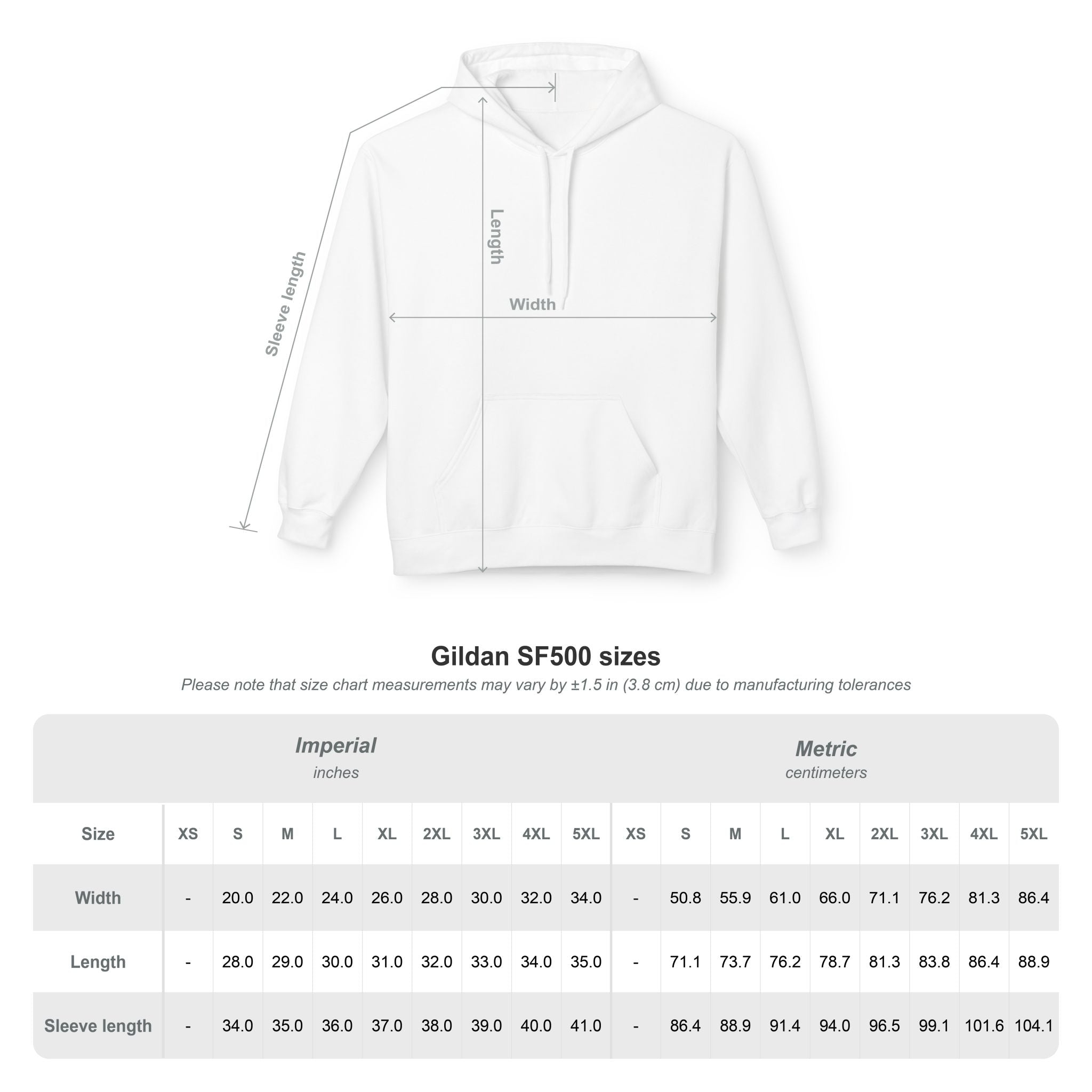 White hoodie size chart showing width and length measurements for Gildan SF500