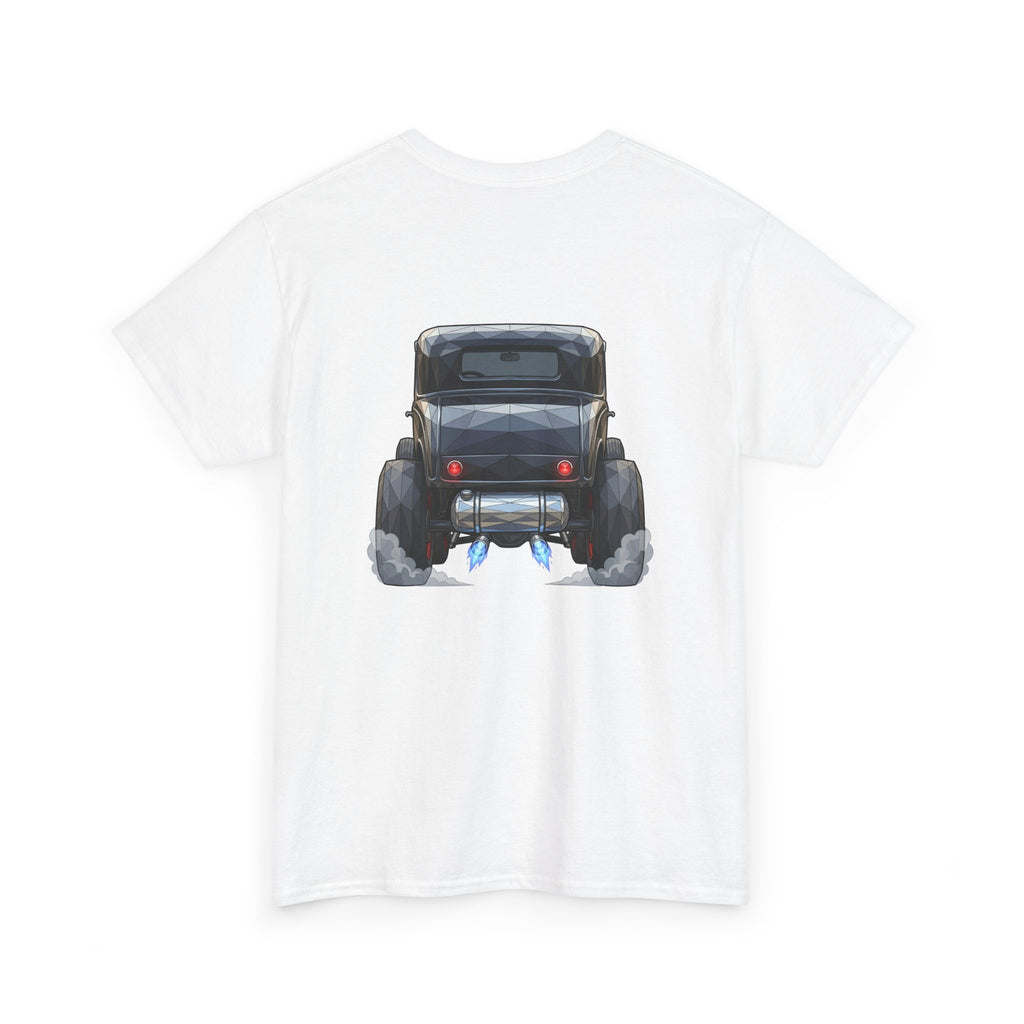 White T-shirt with vintage hot rod rear graphic on the chest