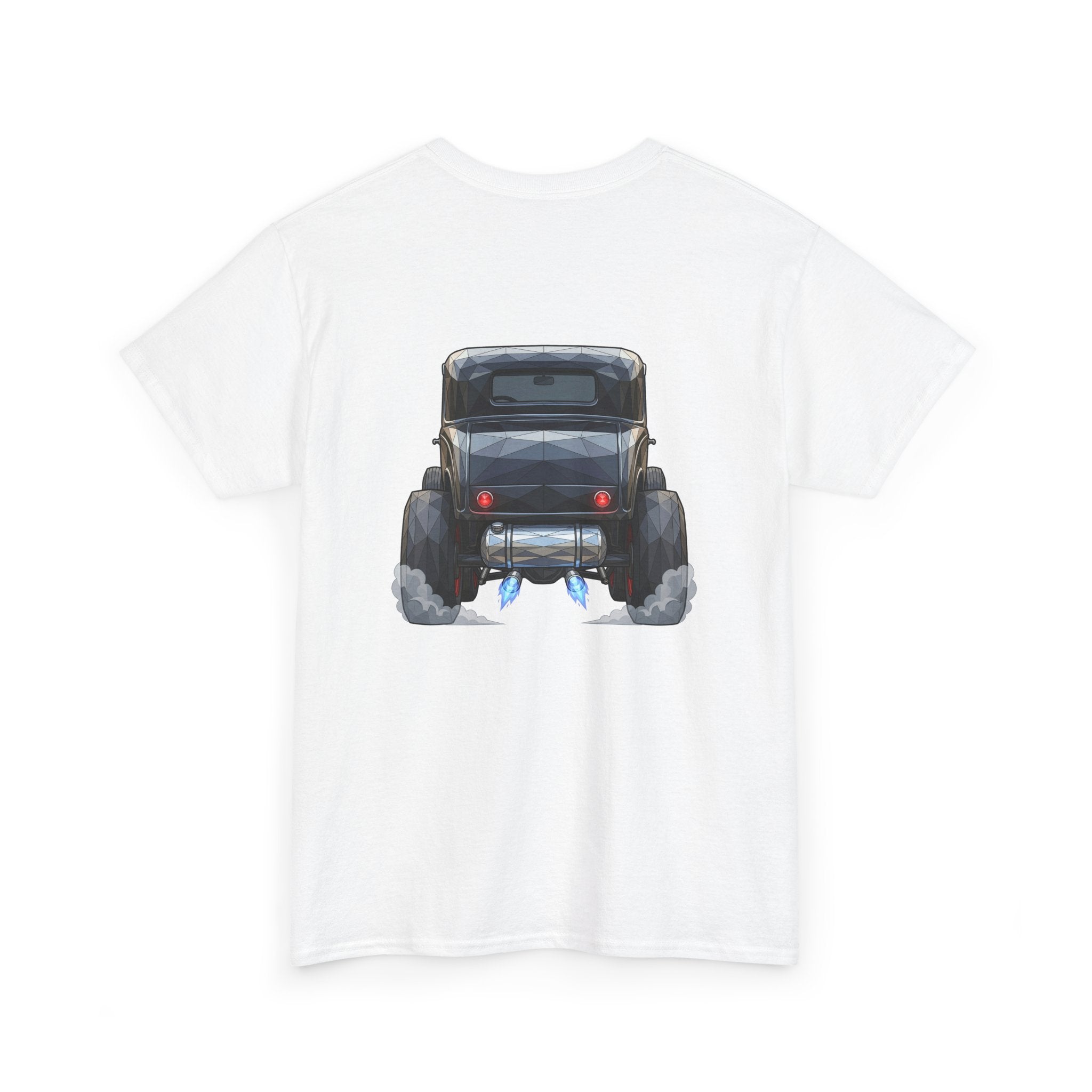 White T-shirt with vintage hot rod rear graphic on the chest