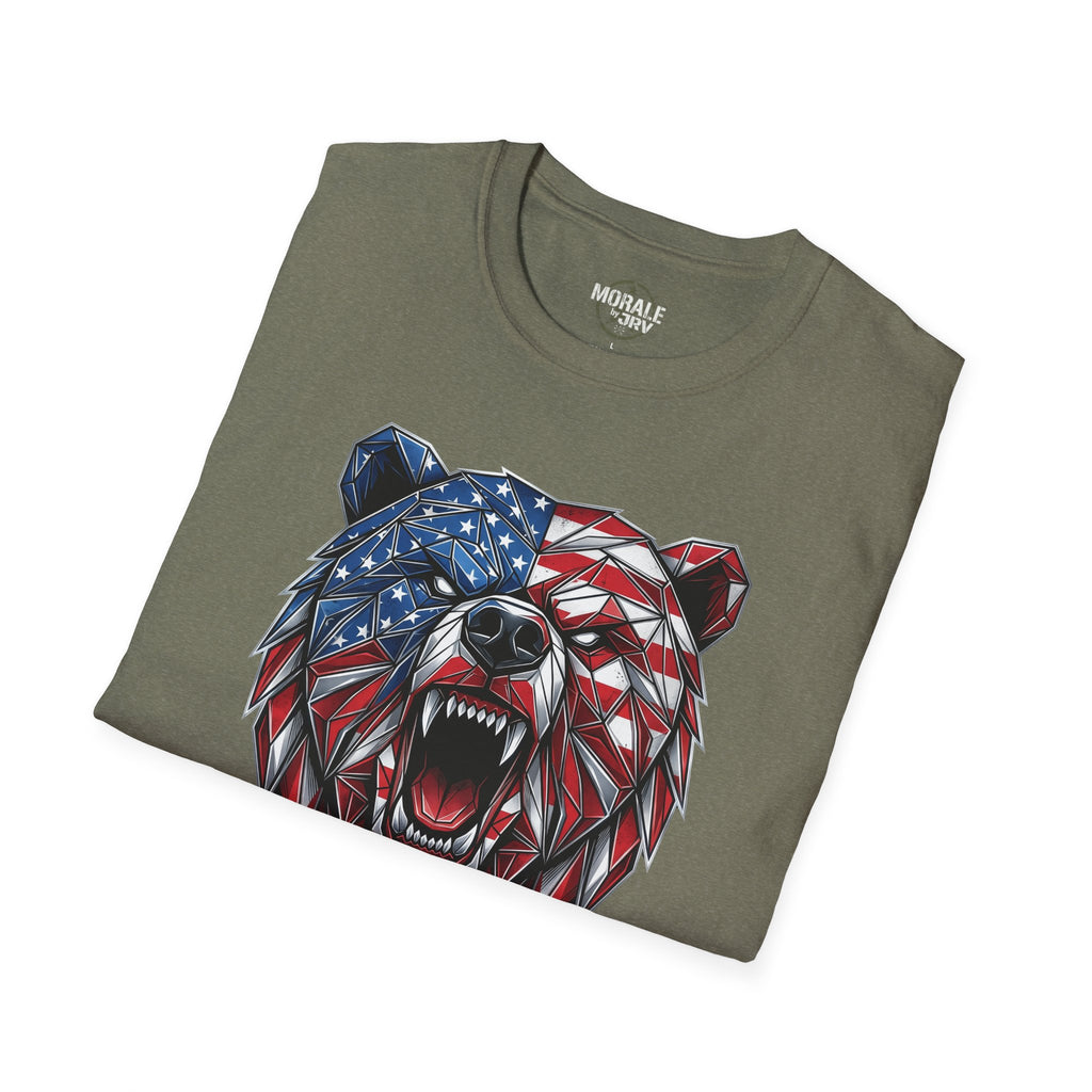 Military green T-shirt close-up: geometric American flag bear graphic
