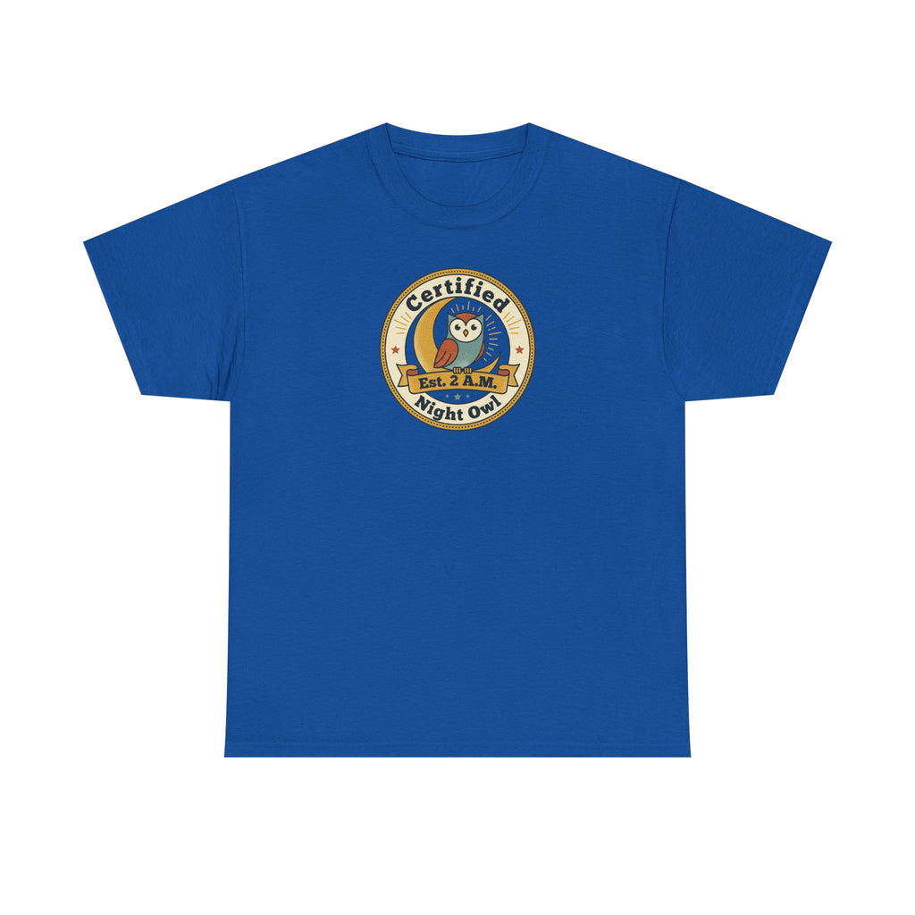 Blue crewneck T-shirt with round owl badge graphic on the chest