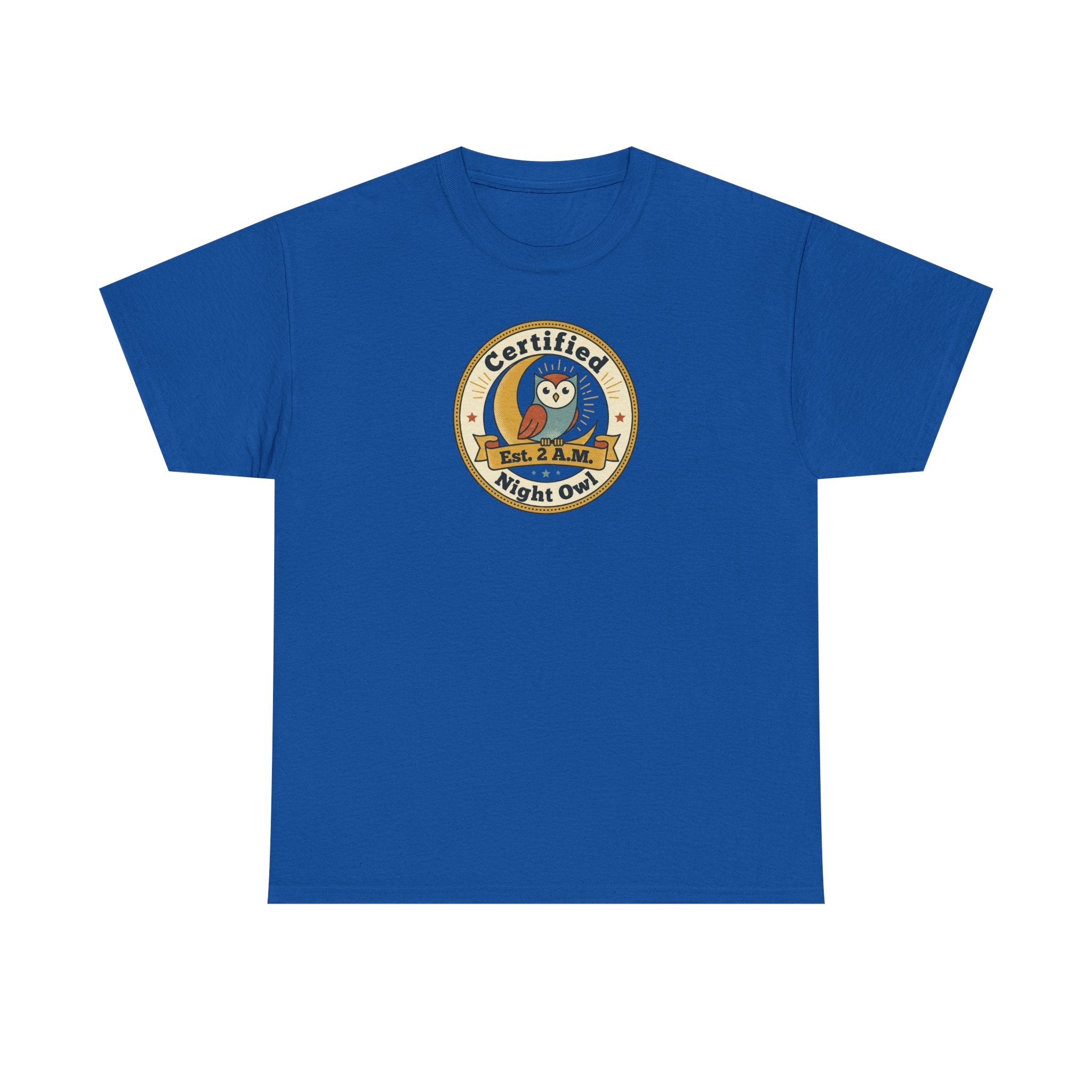 Blue crewneck T-shirt with round owl badge graphic on the chest