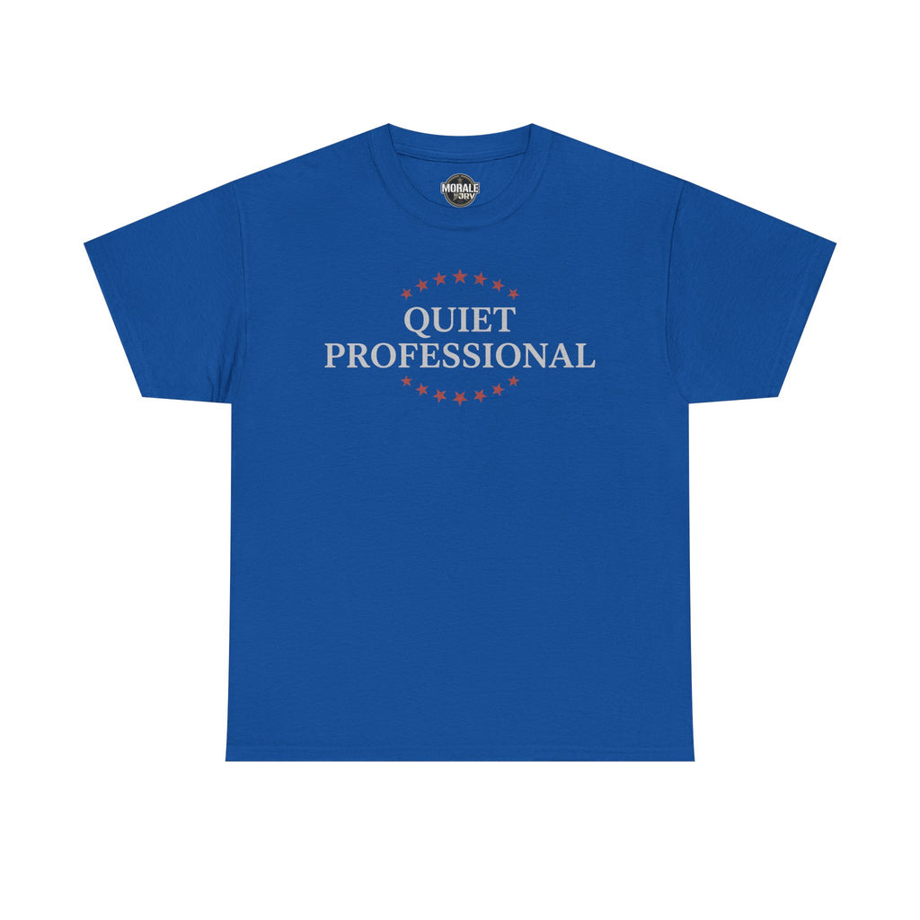 Royal blue minimalist graphic T-shirt with front wreath logo and 'Quiet Professional' text