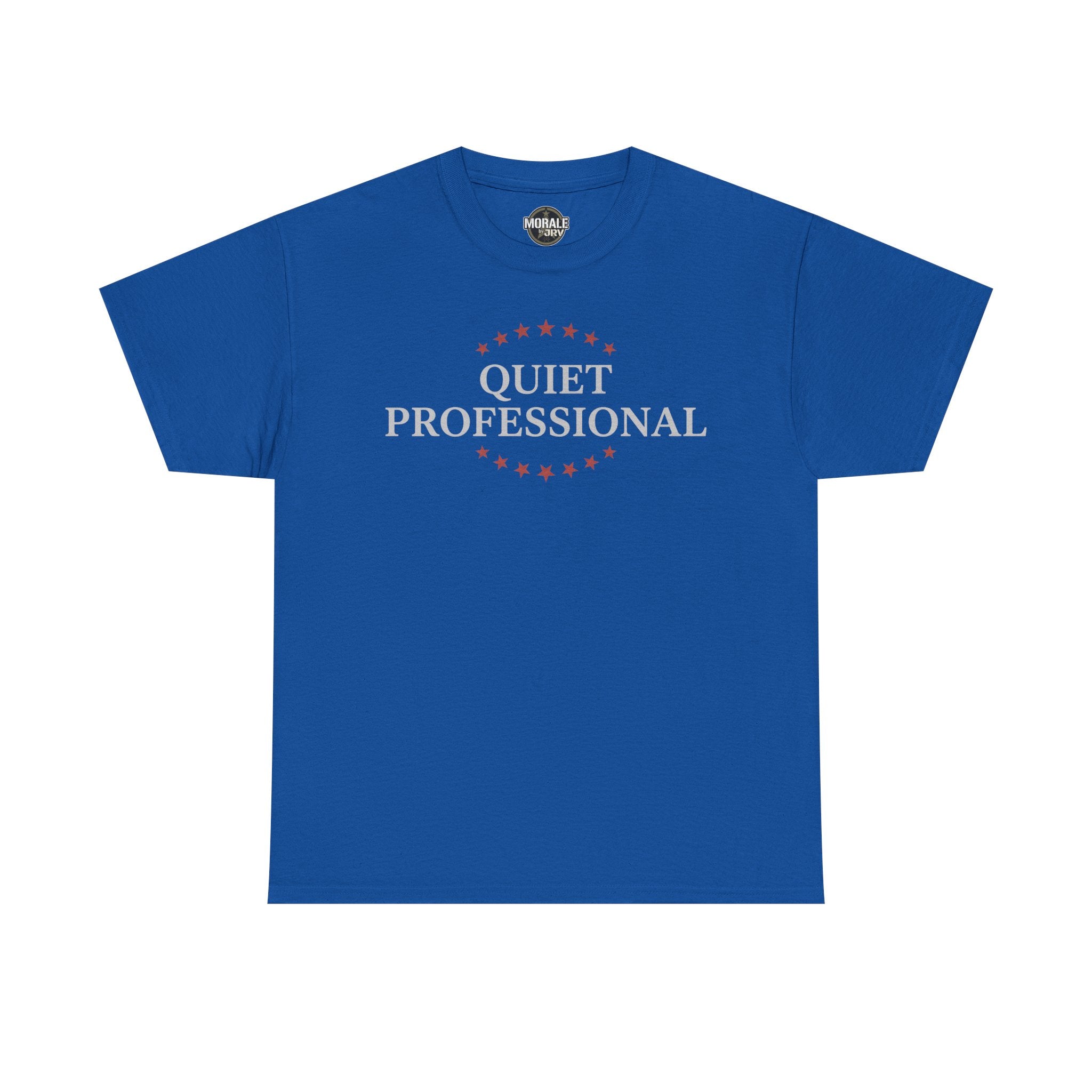 Royal blue minimalist graphic T-shirt with front wreath logo and 'Quiet Professional' text