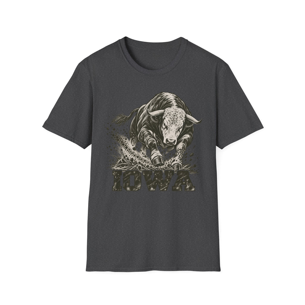 Dark gray crewneck t-shirt with charging bull and Iowa graphic print on front