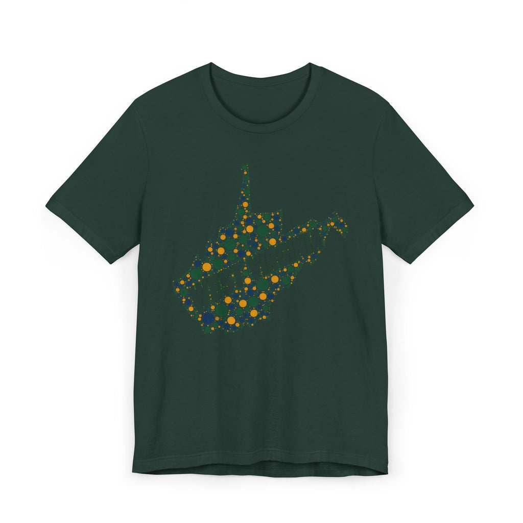 Dark green West Virginia floral map graphic T-shirt with dotted state outline