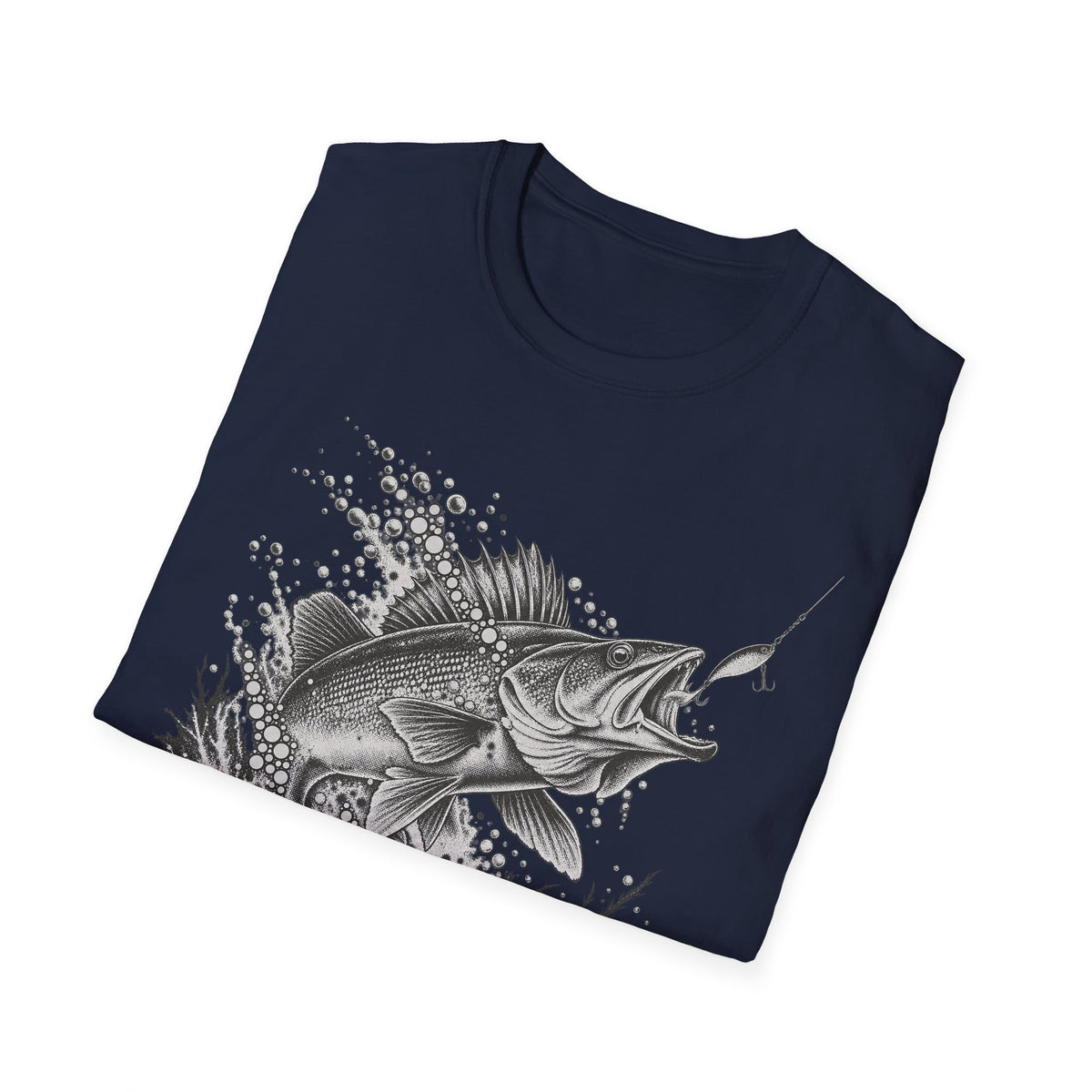 Navy fishing walleye graphic T-shirt with leaping fish design and bubble detail