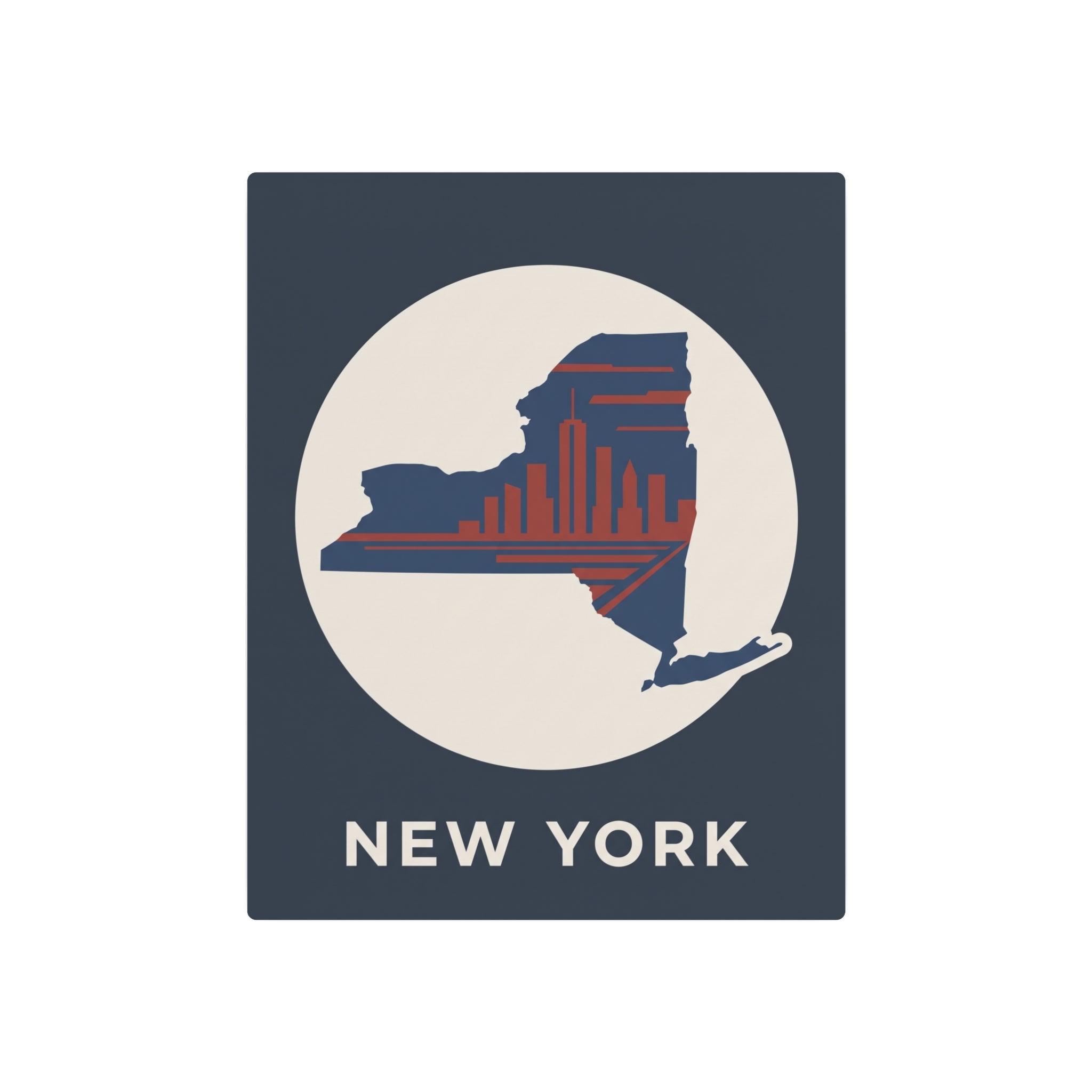 Dark blue square metal wall sign showing New York skyline silhouette inside a circle