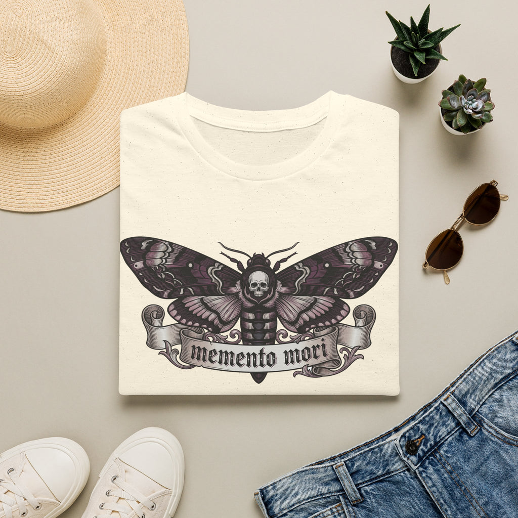 White short-sleeve t-shirt with death moth skull illustration on the front