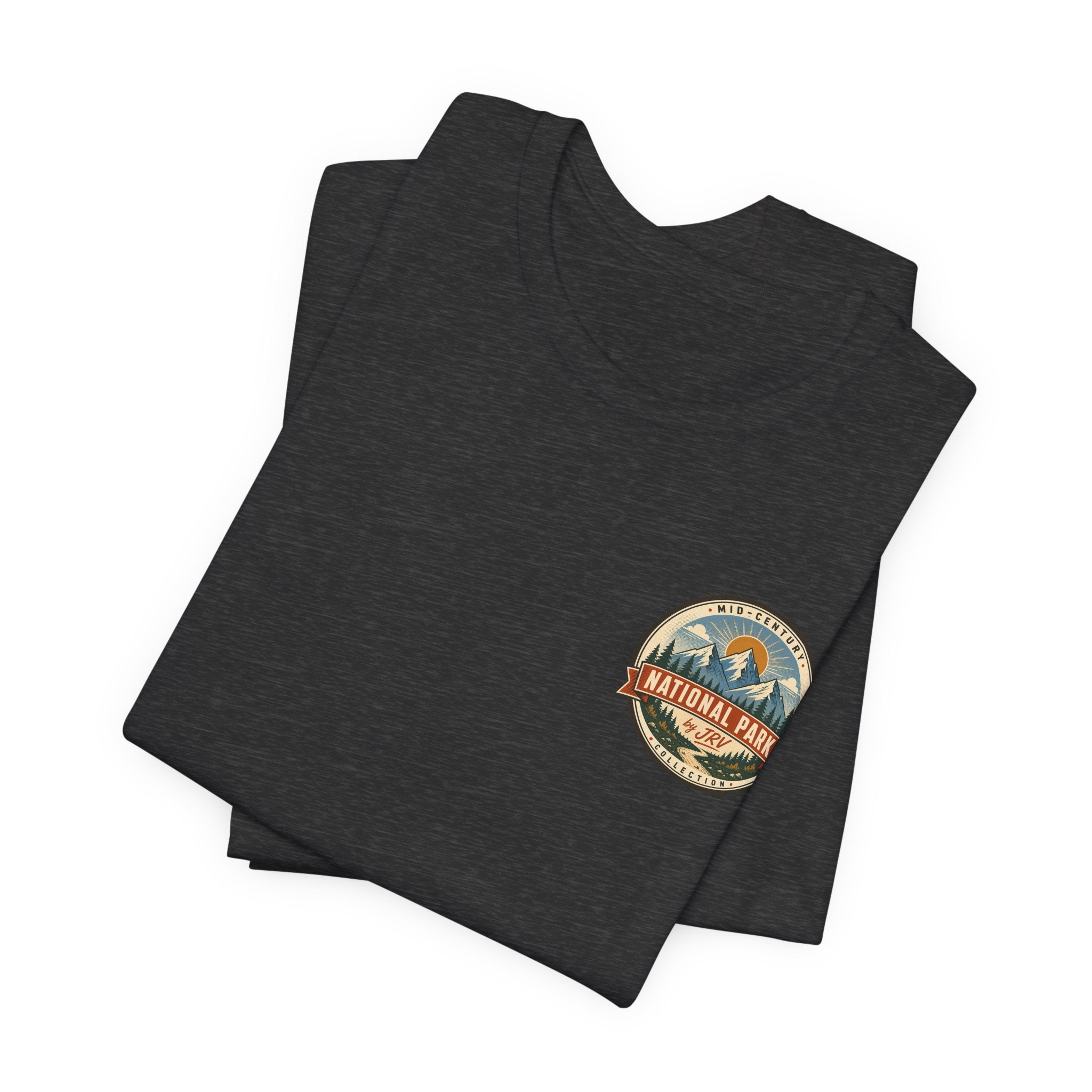 Dark gray short-sleeve T-shirt with small circular National Park logo on the left chest.
