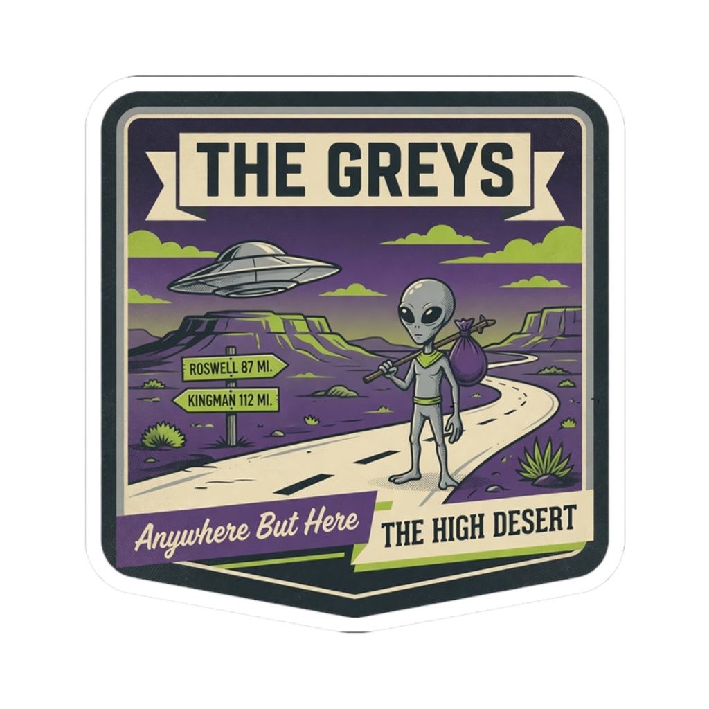 Die-cut sticker showing gray alien walking on a desert road with a hovering UFO.