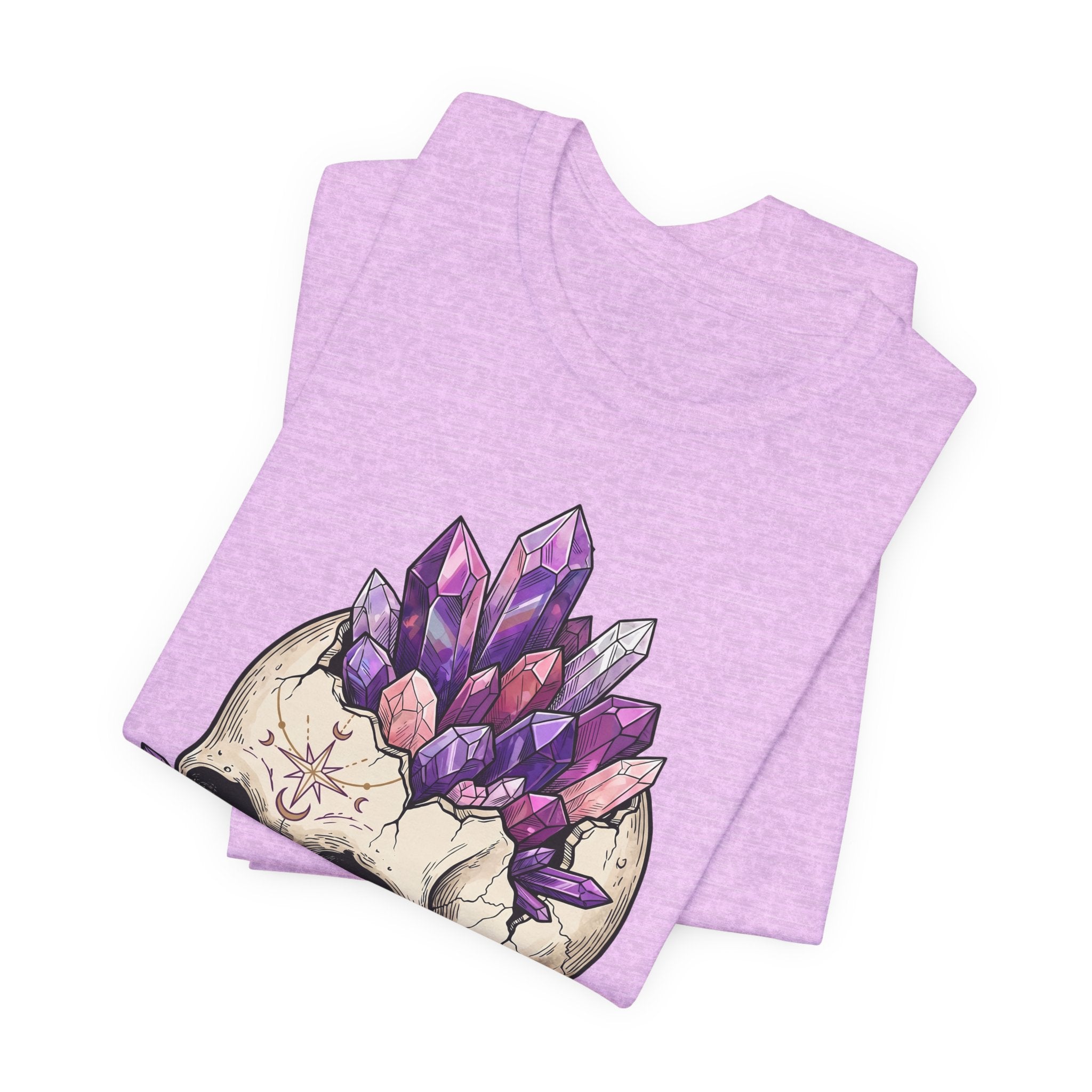 Amethyst crystal skull graphic T-shirt, heather lavender (folded)