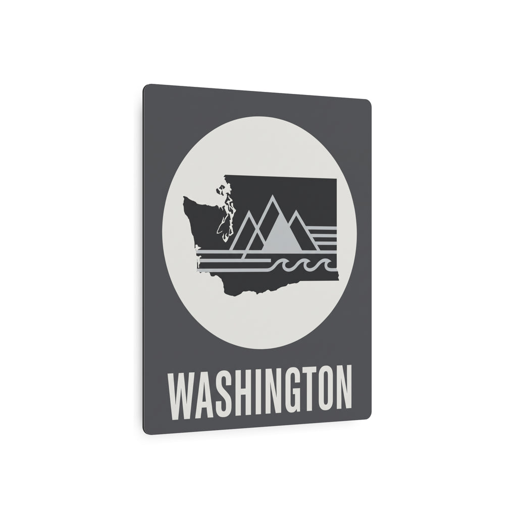 Washington metal wall art with dark gray square, white circle graphic, and 'WASHINGTON' title