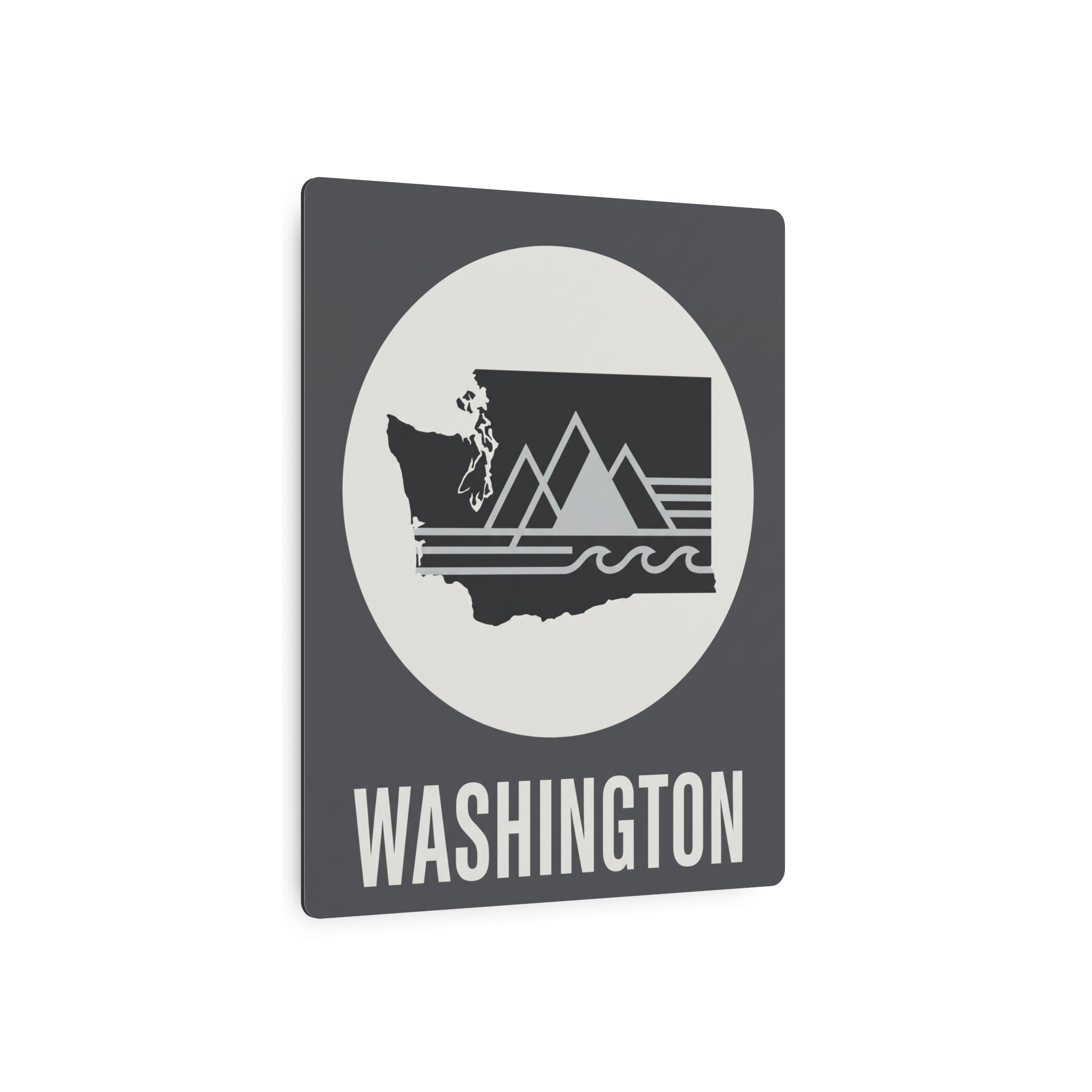 Washington metal wall art with dark gray square, white circle graphic, and 'WASHINGTON' title