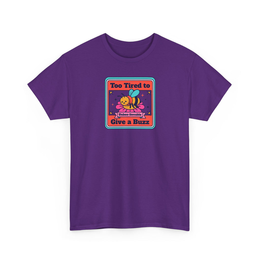 Purple crewneck T-shirt with bee humor graphic on the chest