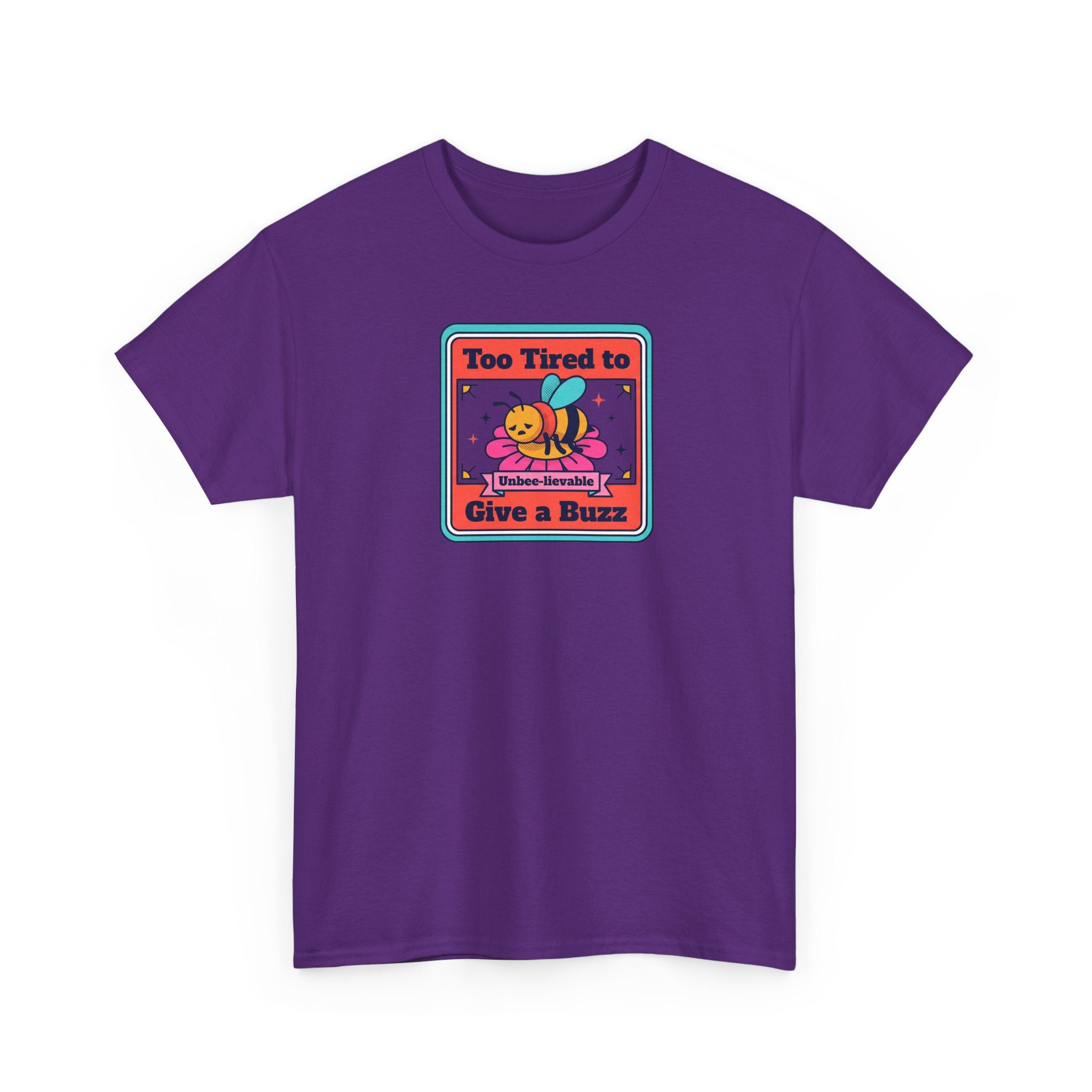Purple crewneck T-shirt with bee humor graphic on the chest