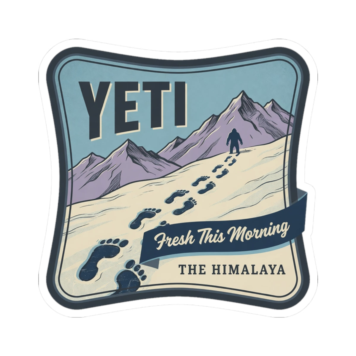 Outdoor-themed vinyl sticker featuring YETI, Himalayan peaks, paw prints, and “The Himalaya”