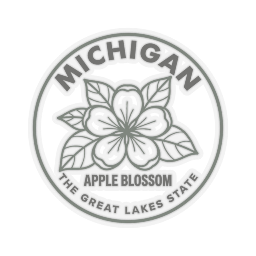Round Michigan apple blossom transparent vinyl sticker decal, gray floral wreath with state text