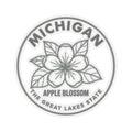 Round Michigan apple blossom transparent vinyl sticker decal, gray floral wreath with state text