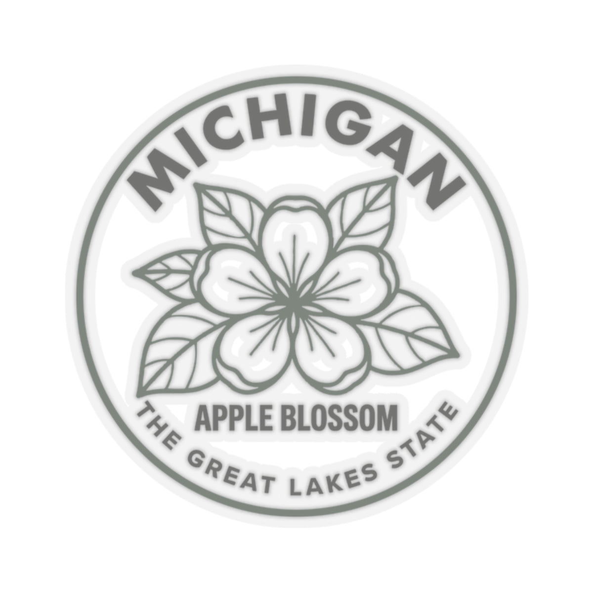 Round Michigan apple blossom transparent vinyl sticker decal, gray floral wreath with state text