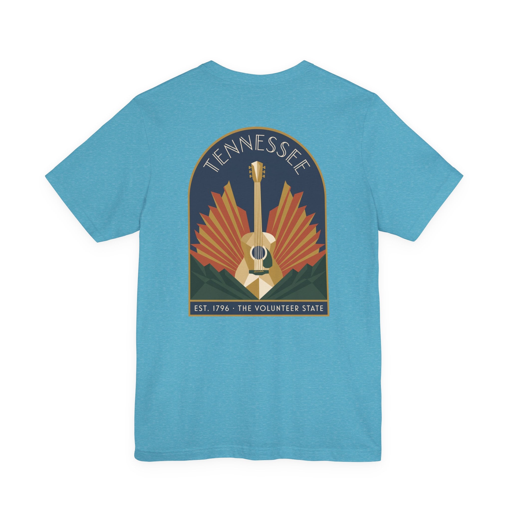 Teal crew-neck T-shirt with Tennessee guitar art graphic on chest