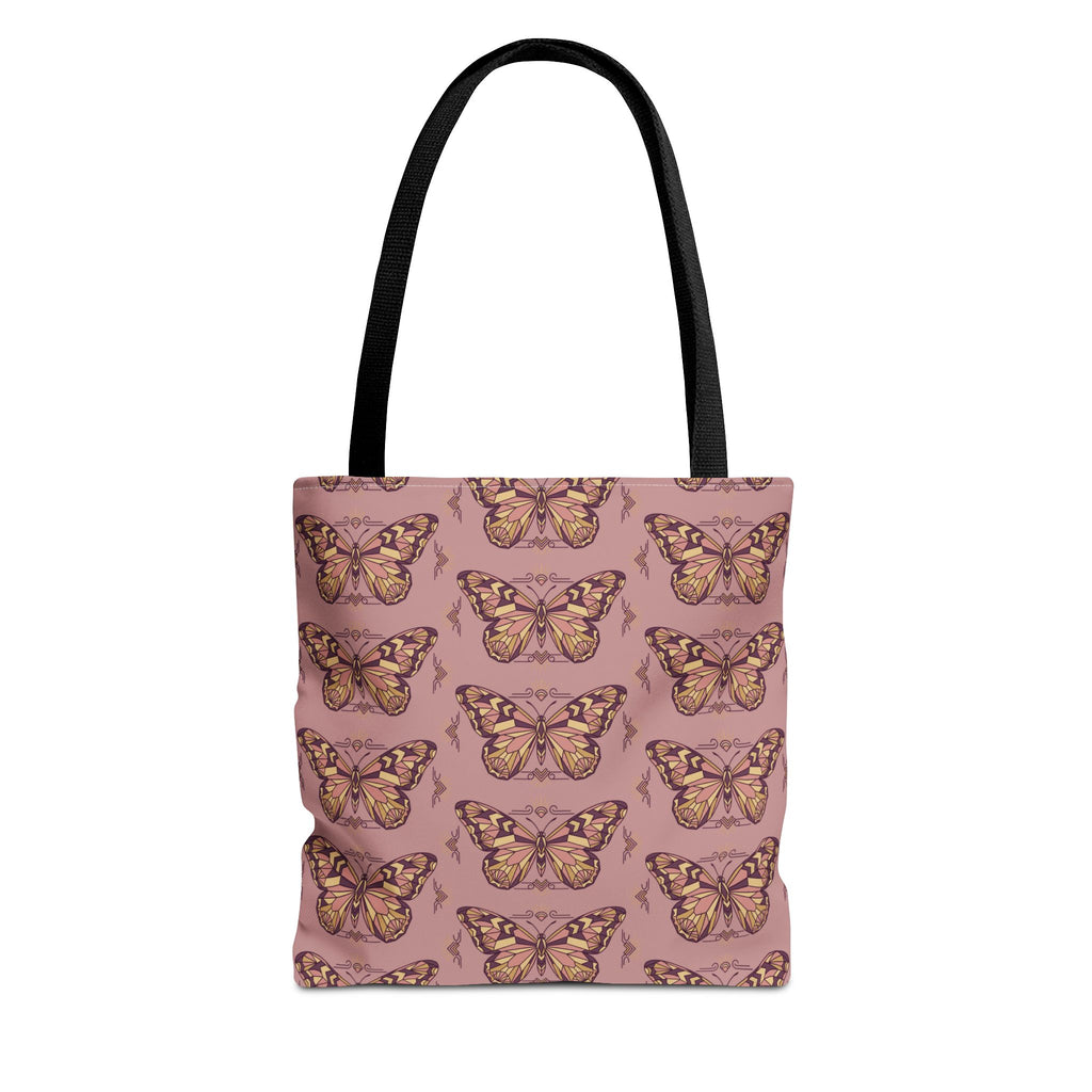 Pink butterfly pattern tote bag with black handle straps