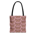 Pink butterfly pattern tote bag with black handle straps