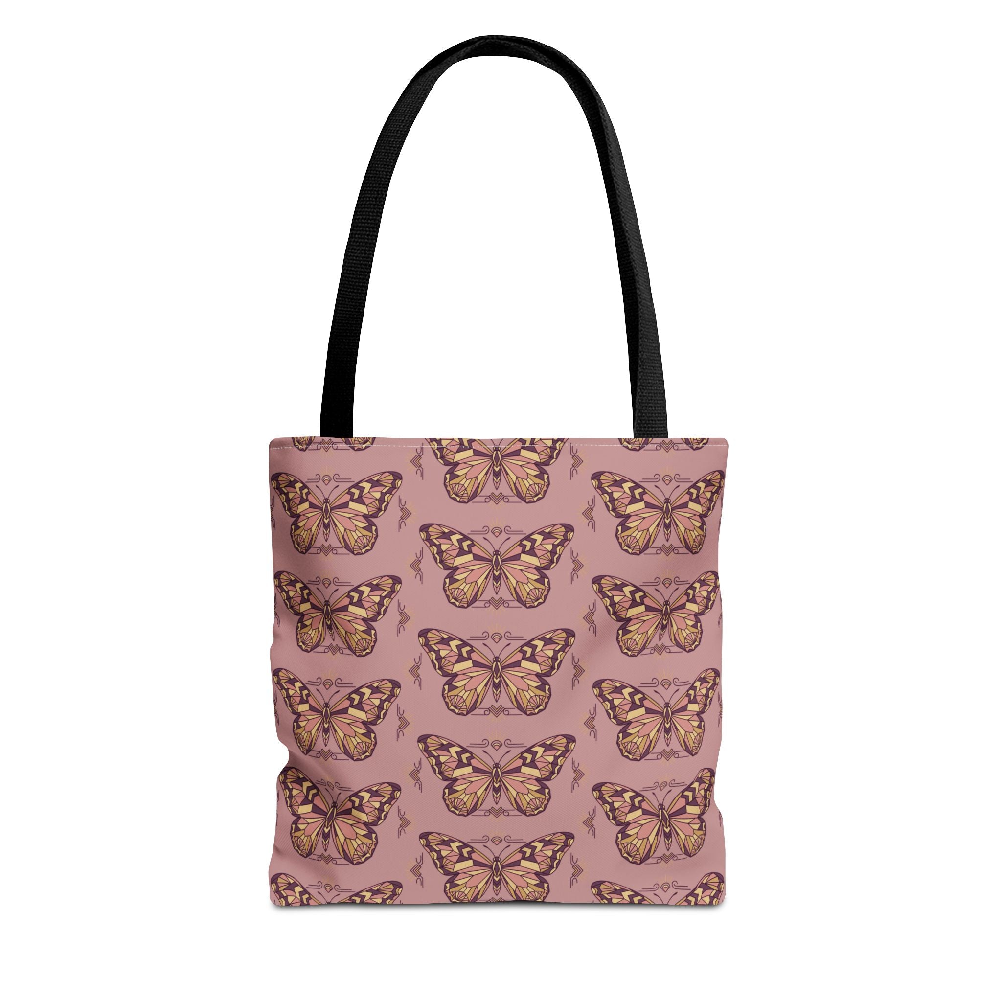 Pink butterfly pattern tote bag with black handle straps