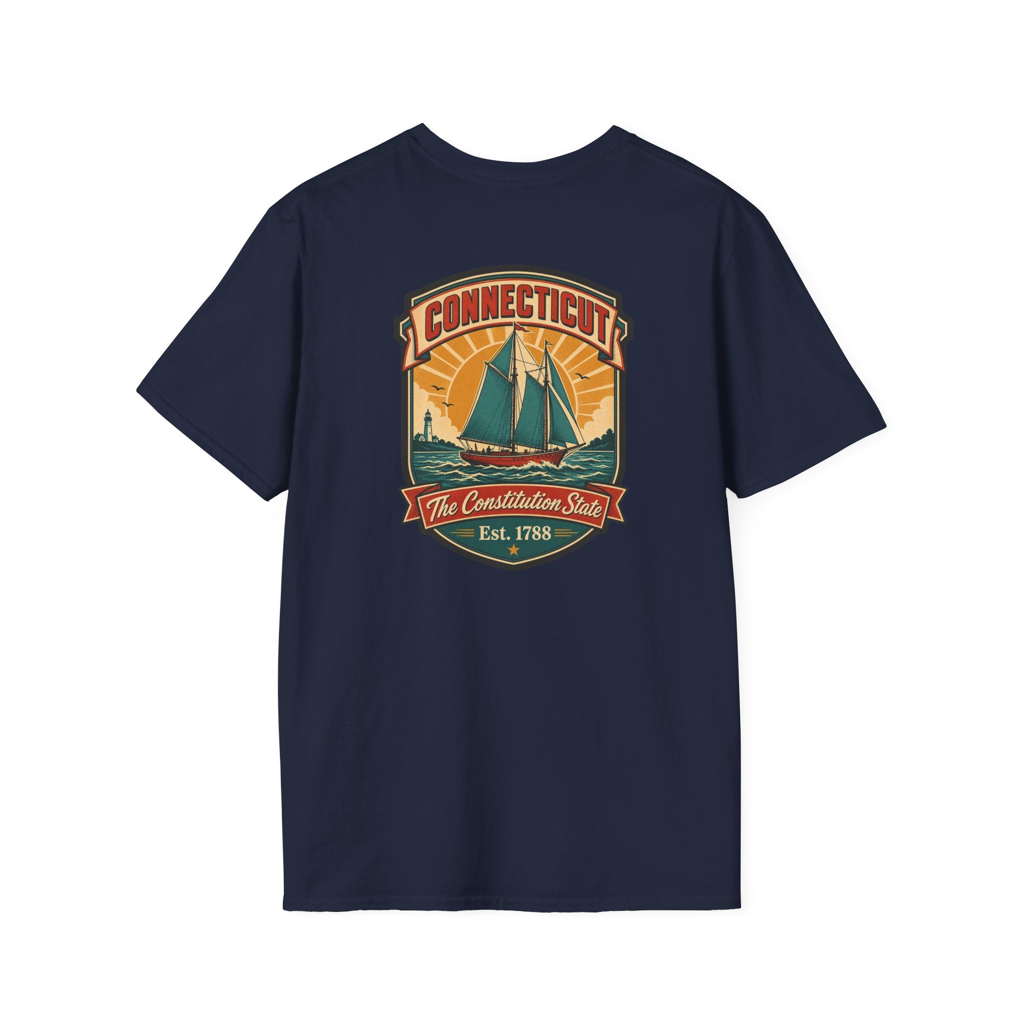 Navy T-shirt with Connecticut badge sailboat graphic on the chest