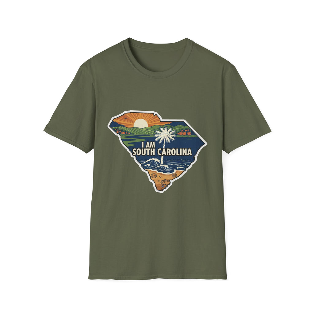 Heather Military Green T-shirt with South Carolina map graphic and “I AM SOUTH CAROLINA”