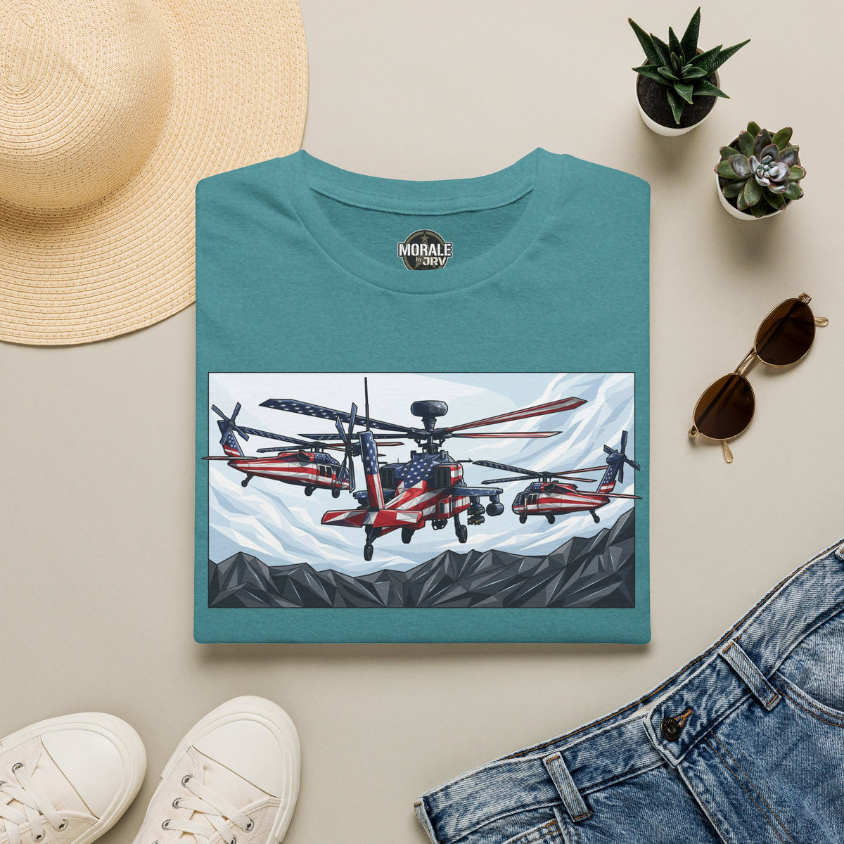 Teal crewneck tee with red and blue helicopter graphic on the front