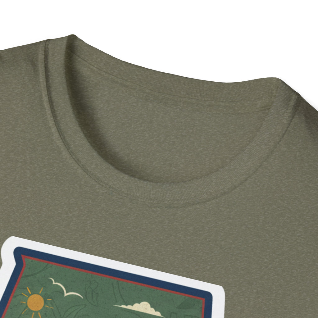 Heather Military Green T-shirt neckline with partial Alabama landscape graphic