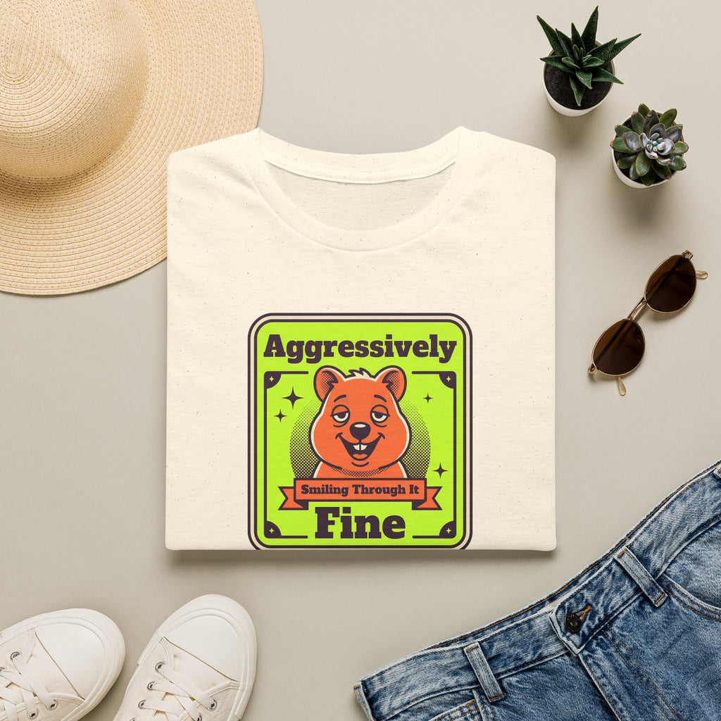 Ivory T-shirt with neon-style cartoon bear graphic and green-yellow text on front