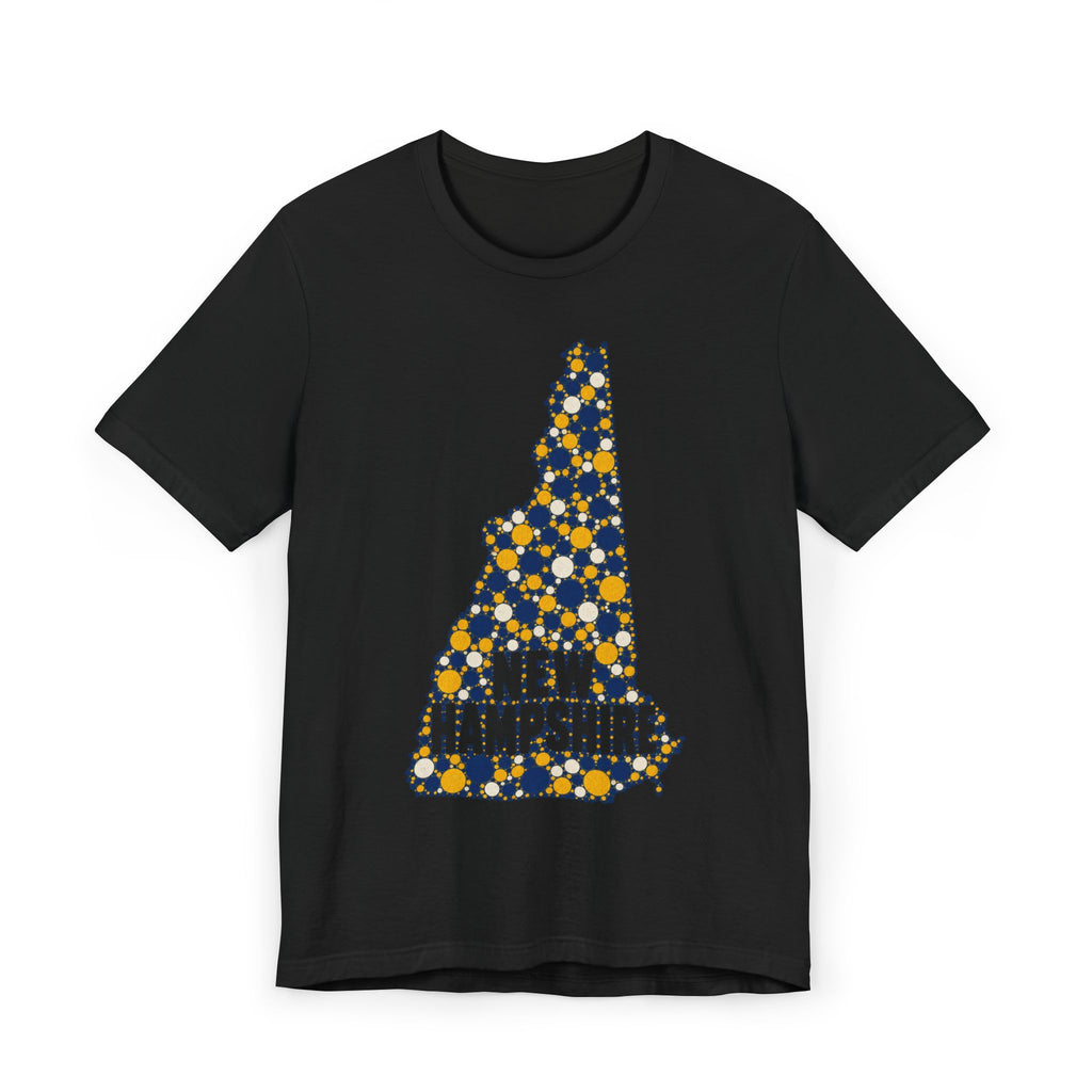 Black New Hampshire graphic T-shirt with floral dotted state outline and “NEW HAMPSHIRE” text