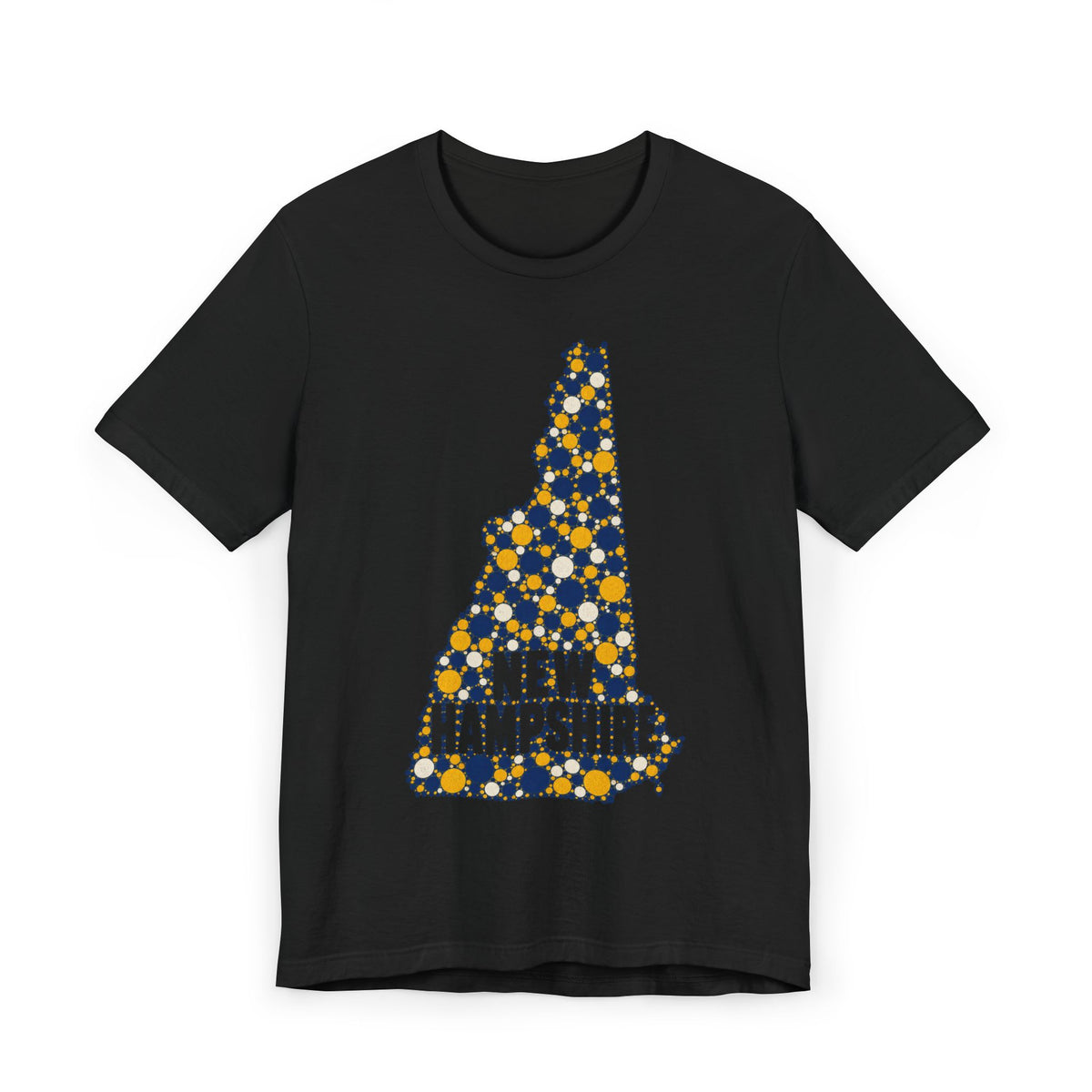 Black New Hampshire graphic T-shirt with floral dotted state outline and “NEW HAMPSHIRE” text