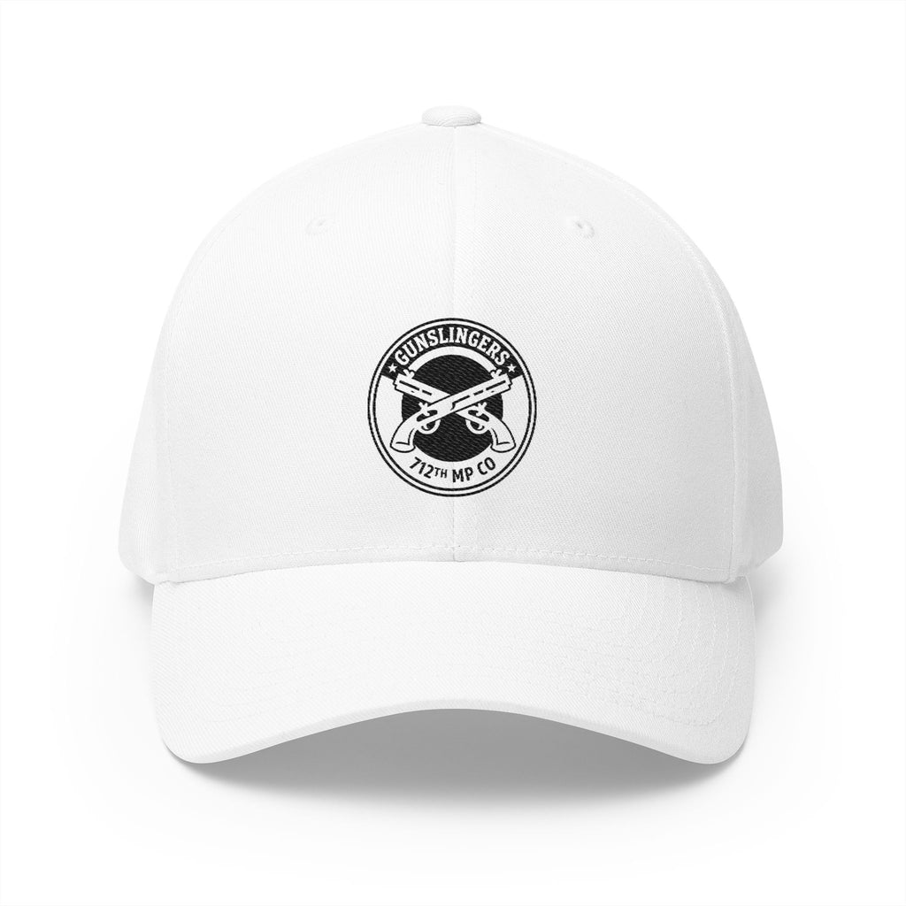 White embroidered baseball cap with black circular emblem on front