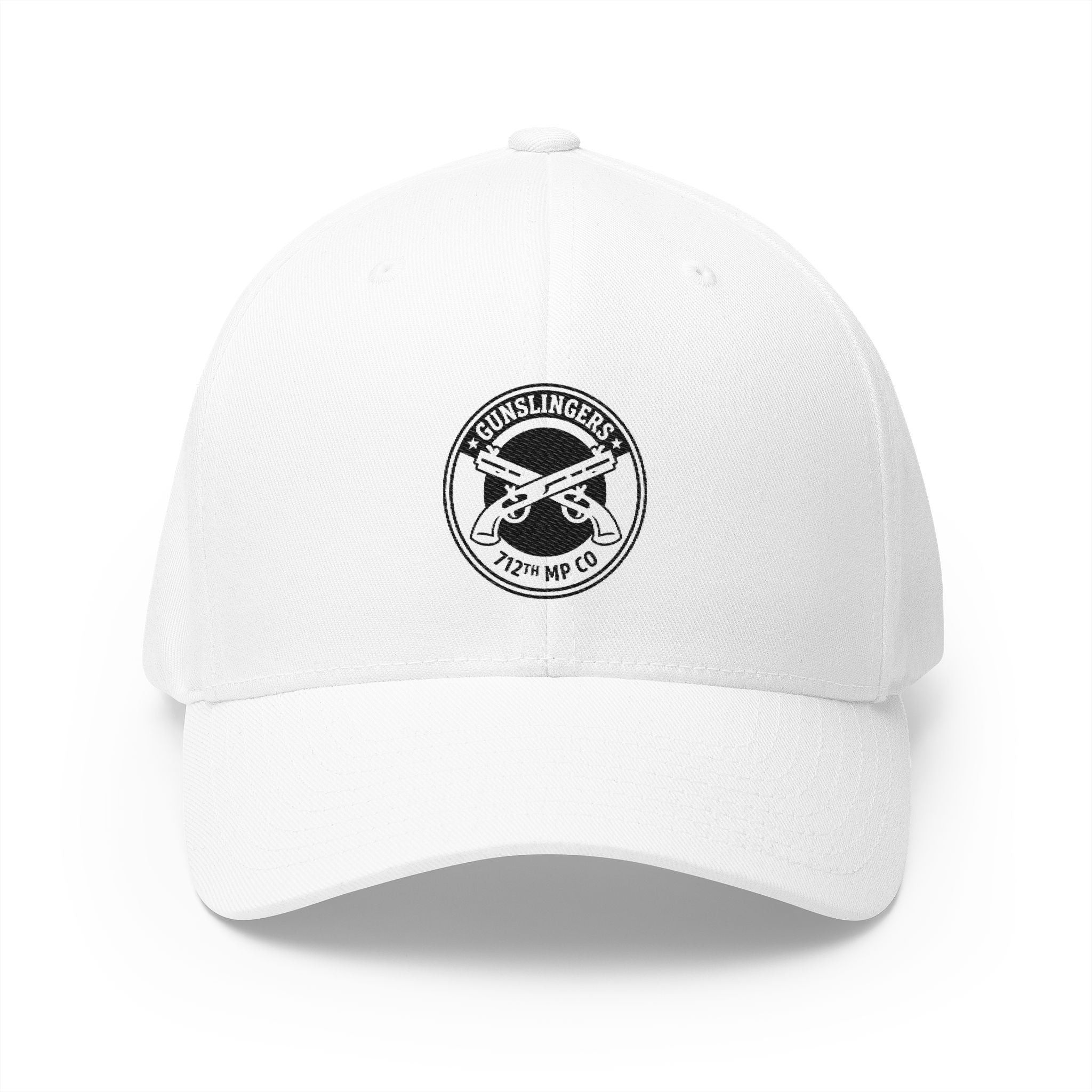 White embroidered baseball cap with black circular emblem on front