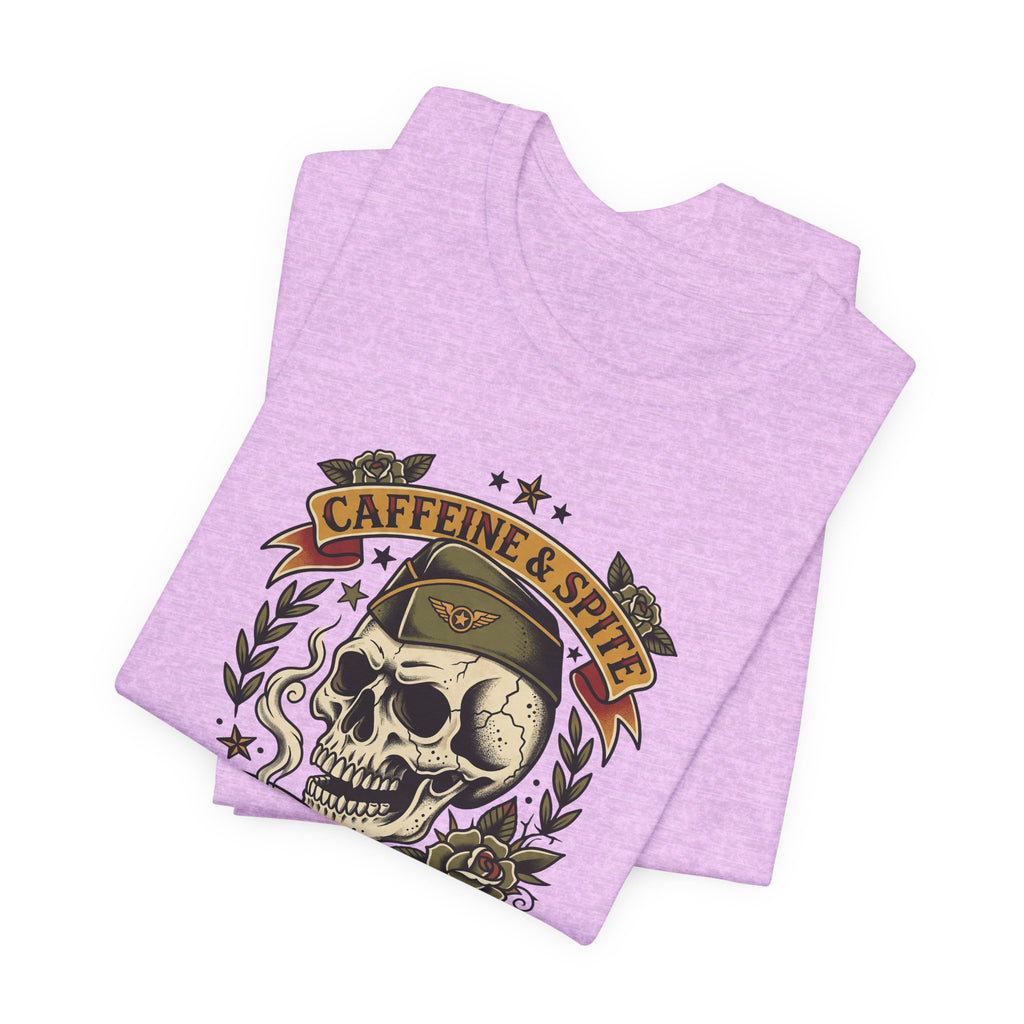 Mauve T-shirt with Caffeine & Spite skull coffee graphic on front