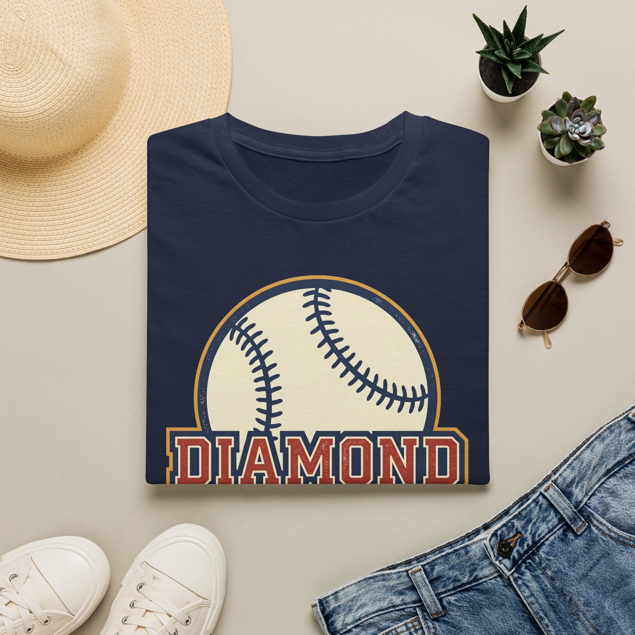 Navy baseball T-shirt with “DIAMOND” graphic and two crossed baseballs.