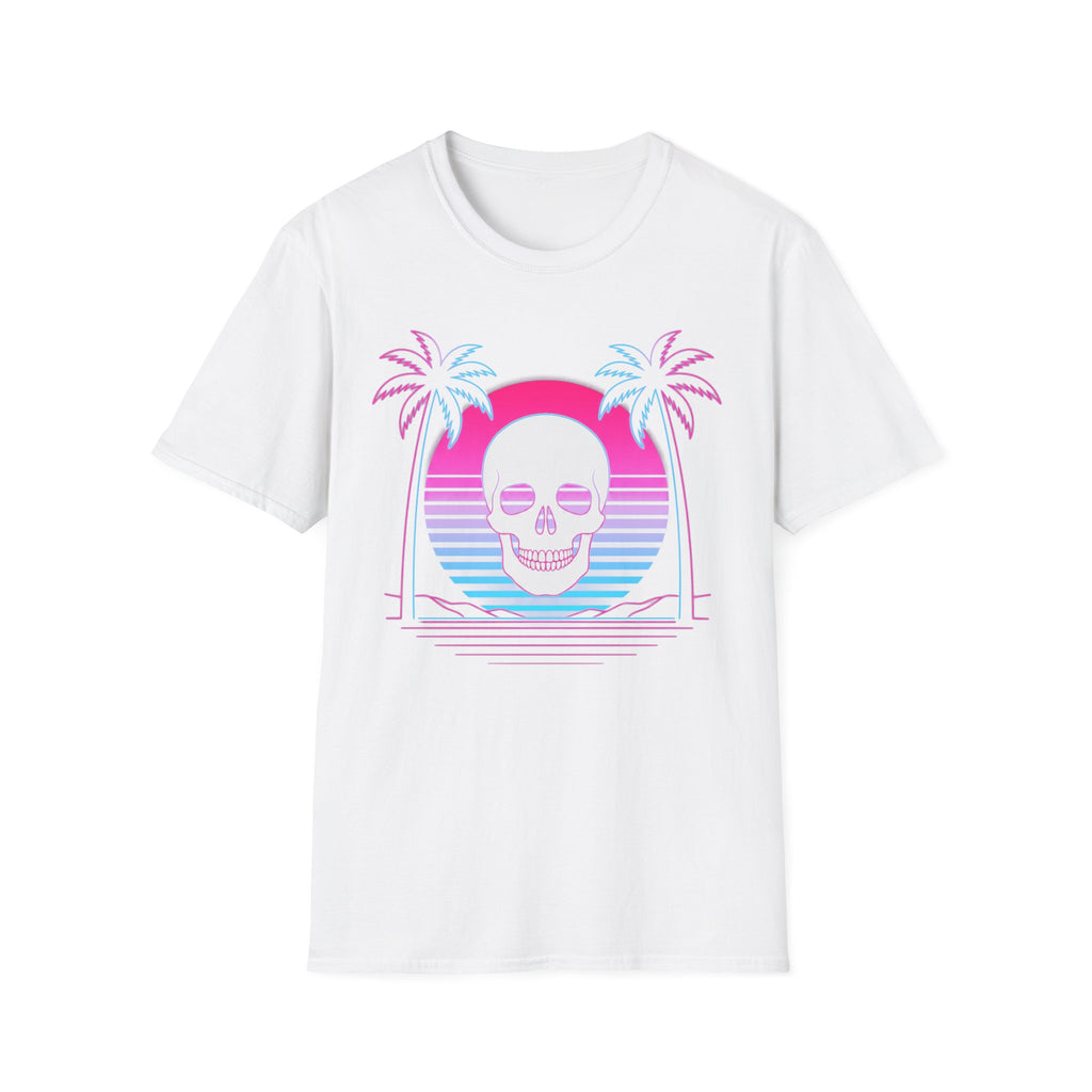 White T-shirt with vaporwave skull graphic, palm trees and sunset arch design